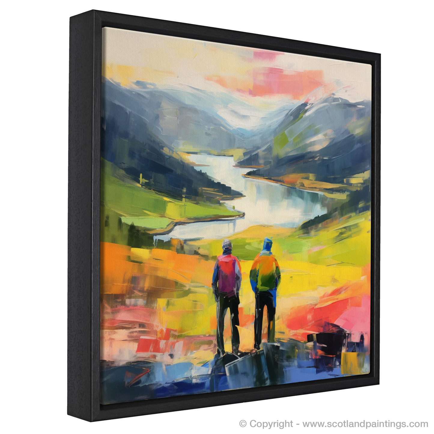 Painting and Art Print of Two hikers looking out on Loch Lomond entitled "Highland Vista: An Abstract View from Loch Lomond".