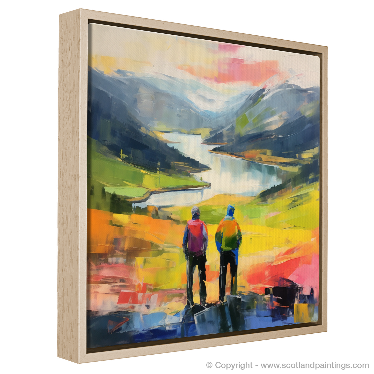 Painting and Art Print of Two hikers looking out on Loch Lomond entitled "Highland Vista: An Abstract View from Loch Lomond".