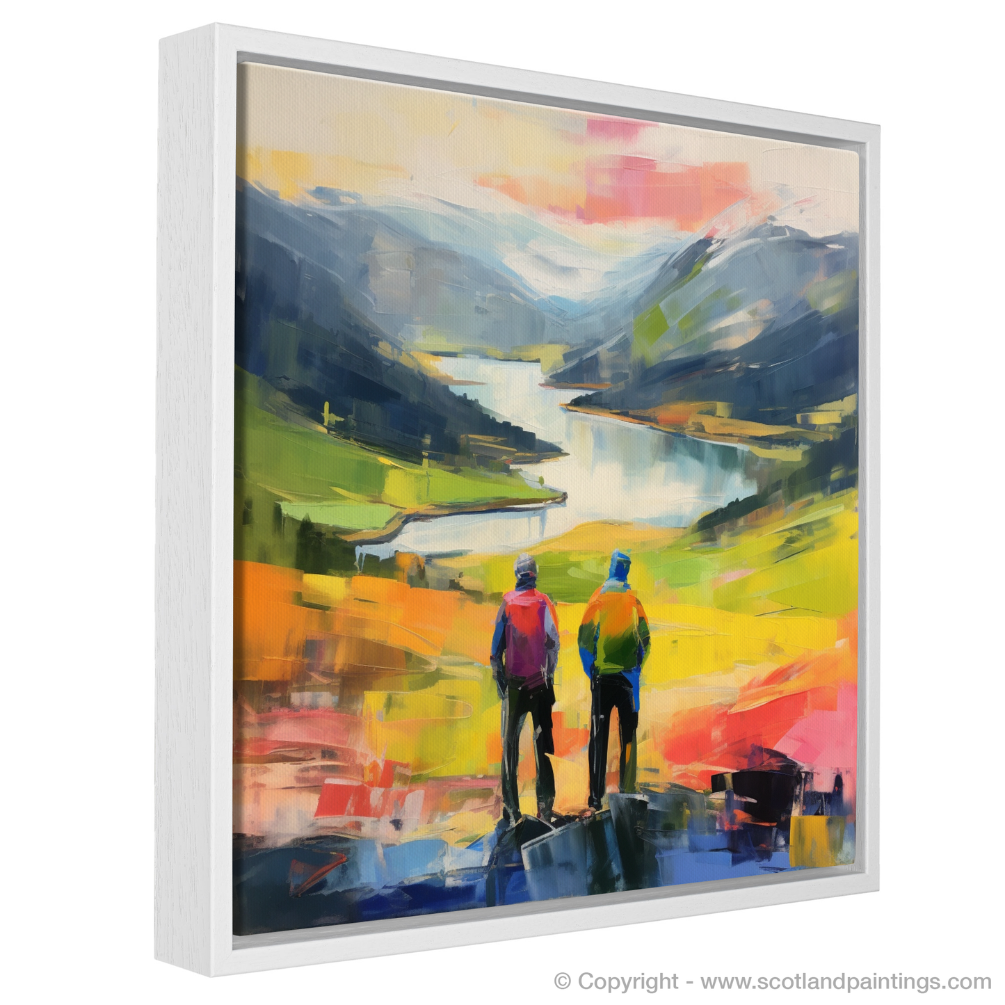 Painting and Art Print of Two hikers looking out on Loch Lomond entitled "Highland Vista: An Abstract View from Loch Lomond".