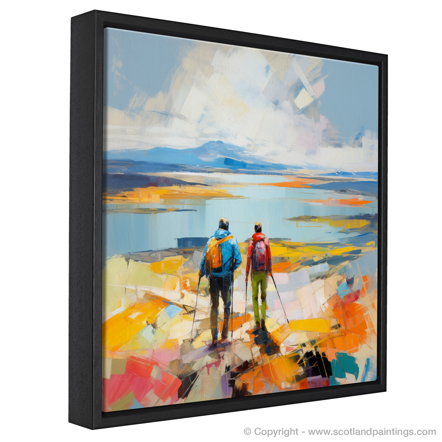 Painting and Art Print of Two hikers looking out on Loch Lomond entitled "Hikers' Haven: An Abstract Ode to Loch Lomond".