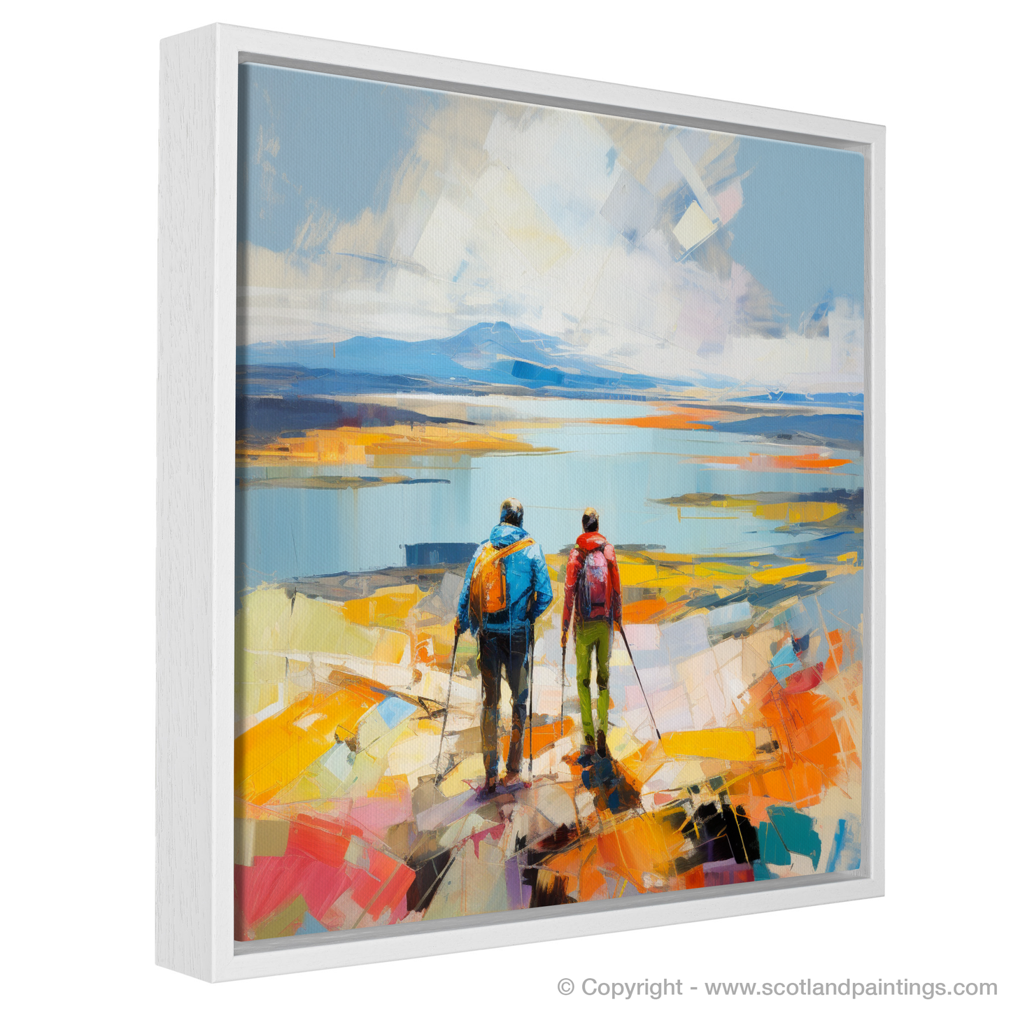 Painting and Art Print of Two hikers looking out on Loch Lomond entitled "Hikers' Haven: An Abstract Ode to Loch Lomond".