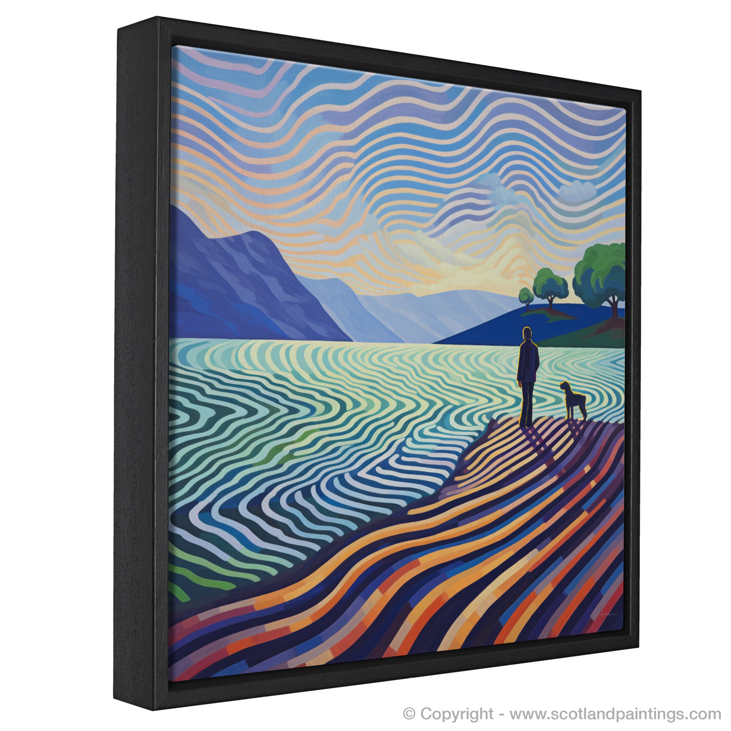 Painting and Art Print of A man walking dog at the side of Loch Lomond entitled "Serenity by the Loch: An Abstract Tribute to Man's Best Friend".