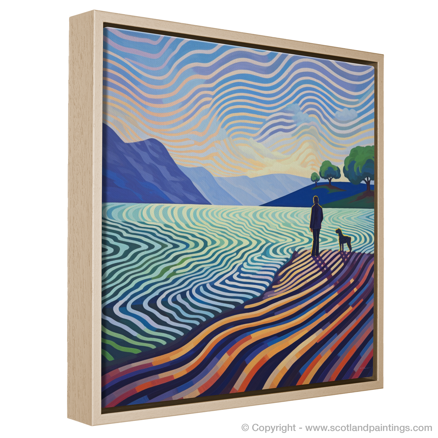 Painting and Art Print of A man walking dog at the side of Loch Lomond entitled "Serenity by the Loch: An Abstract Tribute to Man's Best Friend".