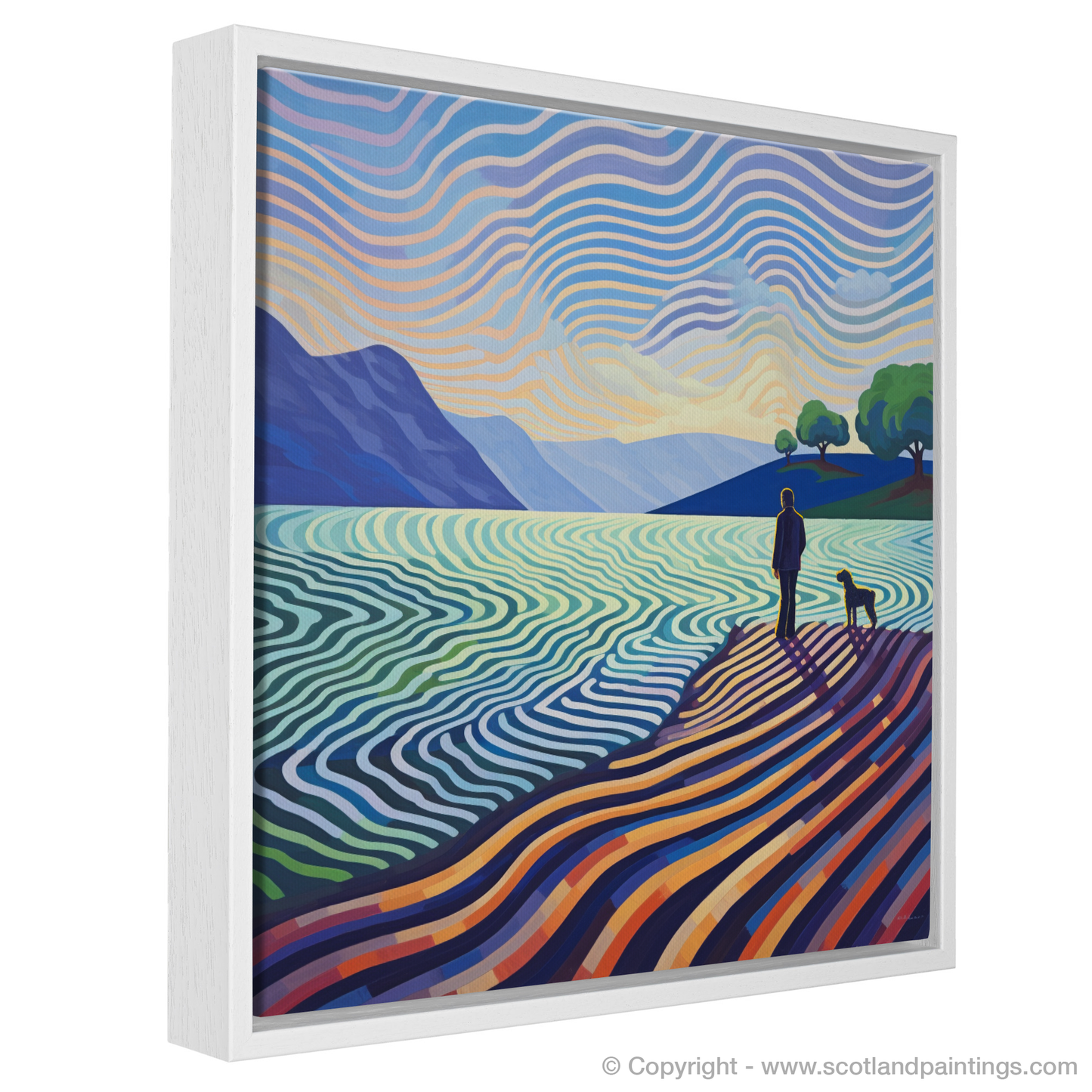 Painting and Art Print of A man walking dog at the side of Loch Lomond entitled "Serenity by the Loch: An Abstract Tribute to Man's Best Friend".