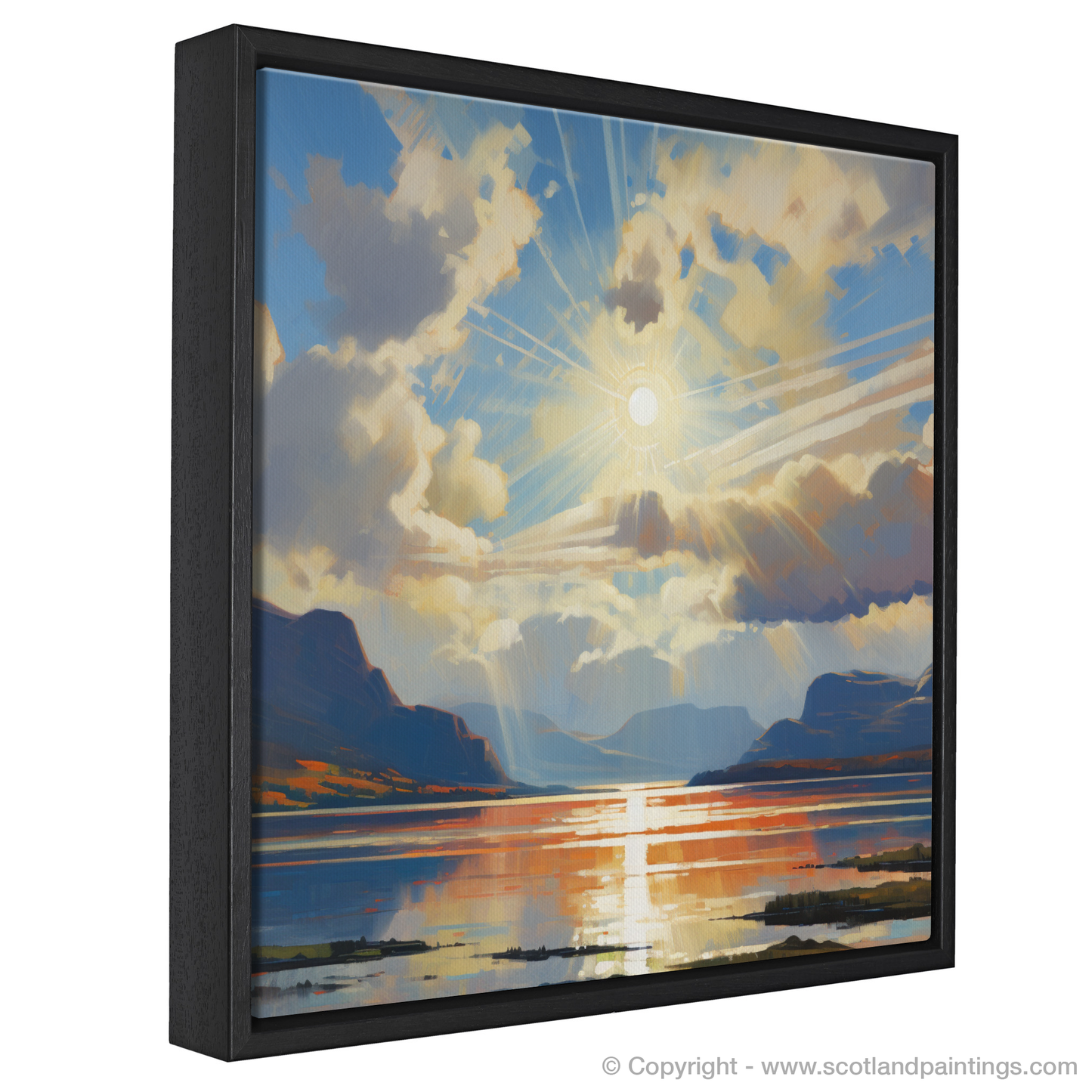 Painting and Art Print of Sun rays through clouds above Loch Lomond entitled "Sun Kissed Serenity Over Loch Lomond".