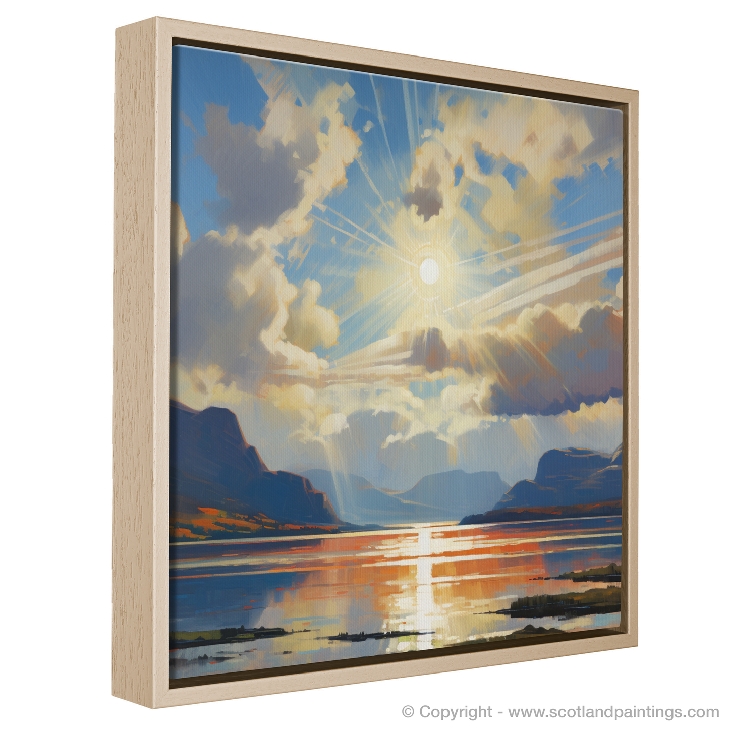 Painting and Art Print of Sun rays through clouds above Loch Lomond entitled "Sun Kissed Serenity Over Loch Lomond".