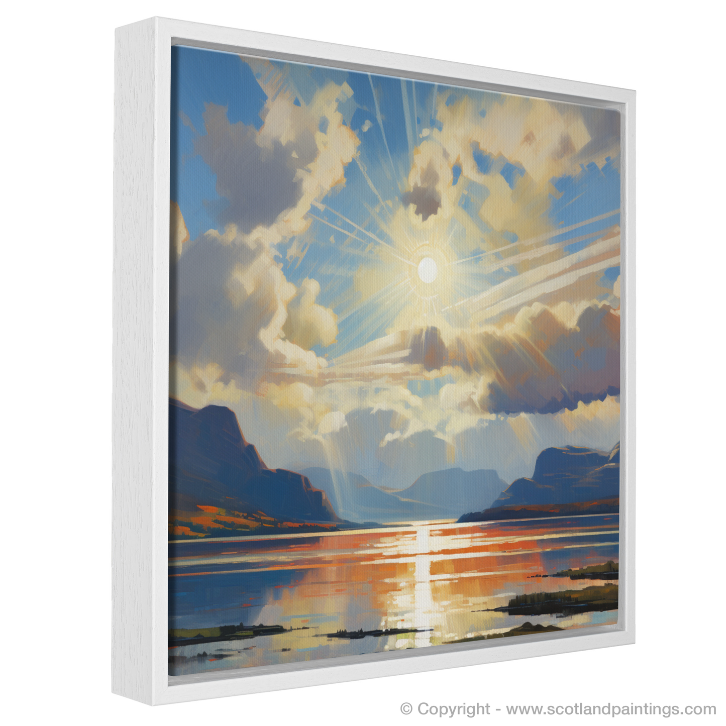 Painting and Art Print of Sun rays through clouds above Loch Lomond entitled "Sun Kissed Serenity Over Loch Lomond".