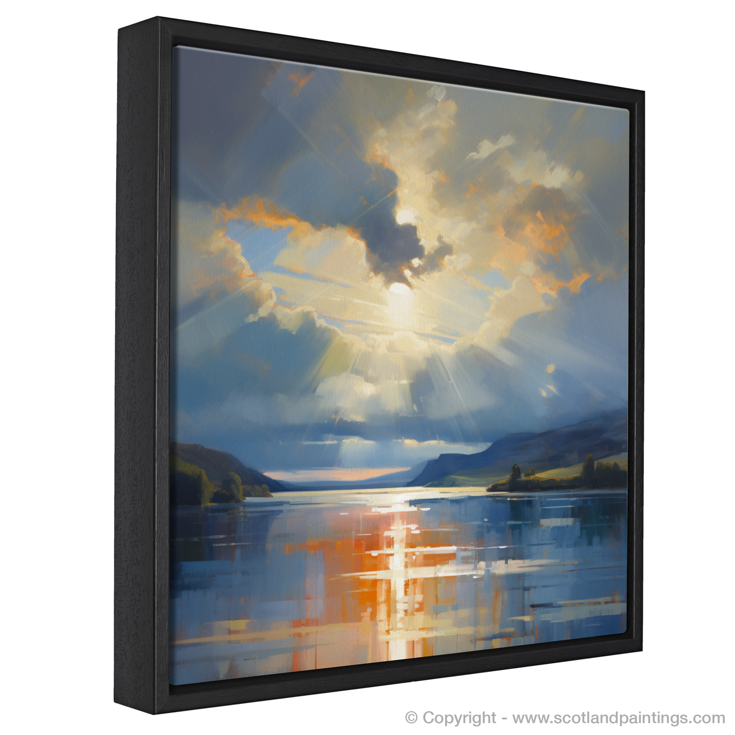 Painting and Art Print of Sun rays through clouds above Loch Lomond entitled "Sunlight Serenade over Loch Lomond".