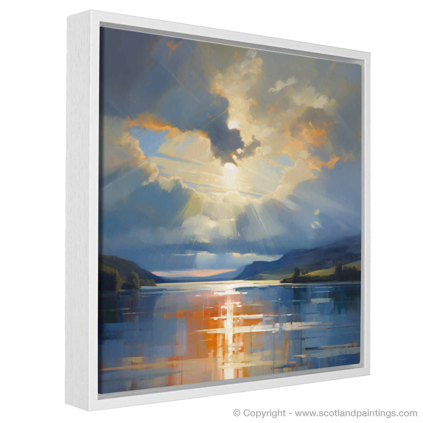 Painting and Art Print of Sun rays through clouds above Loch Lomond entitled "Sunlight Serenade over Loch Lomond".