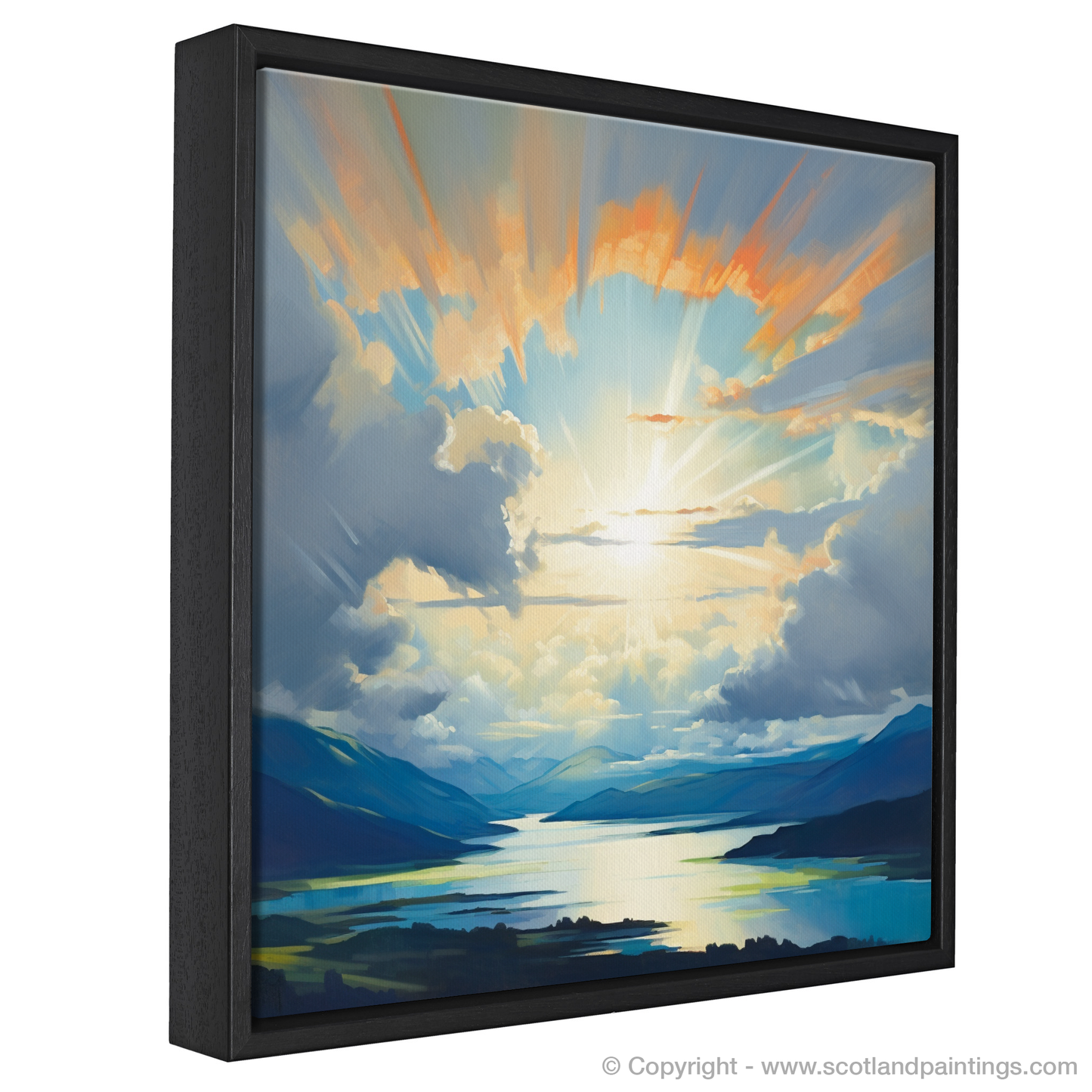 Painting and Art Print of Sun rays through clouds above Loch Lomond entitled "Sunlit Serenity over Loch Lomond".