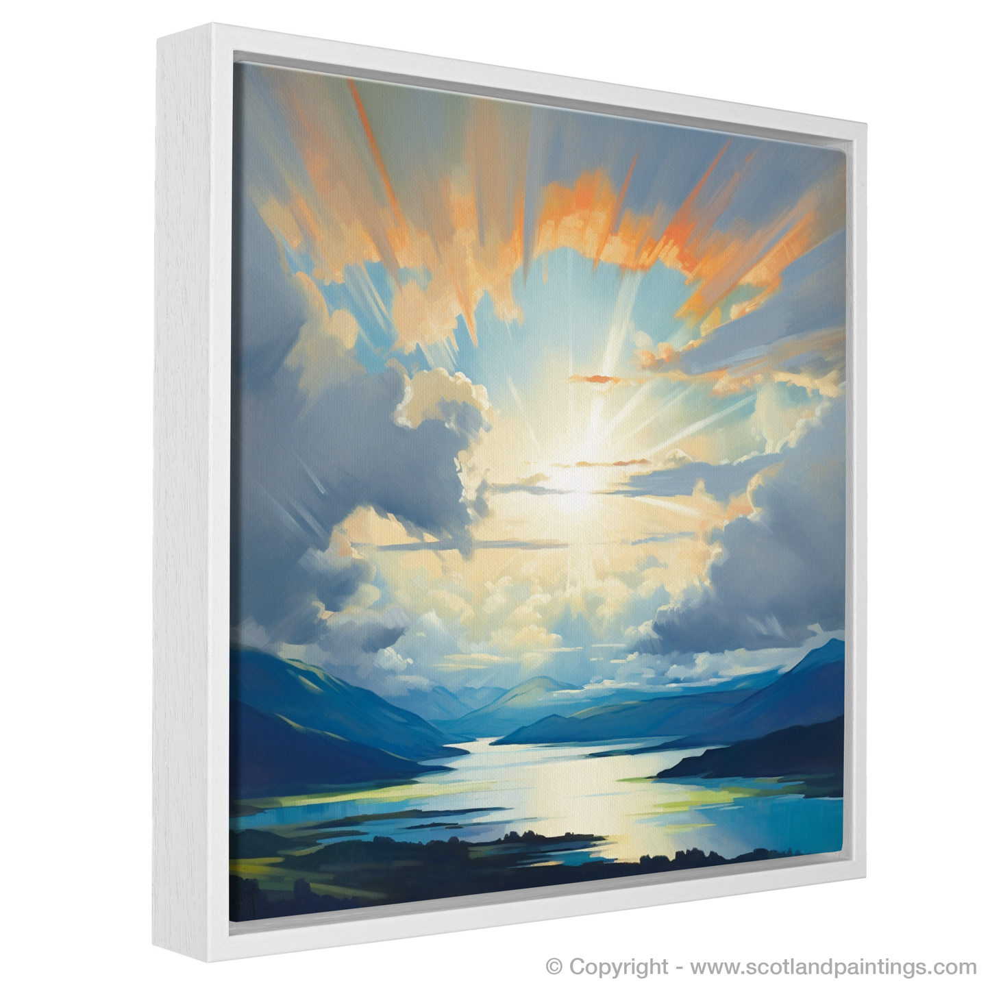 Painting and Art Print of Sun rays through clouds above Loch Lomond entitled "Sunlit Serenity over Loch Lomond".