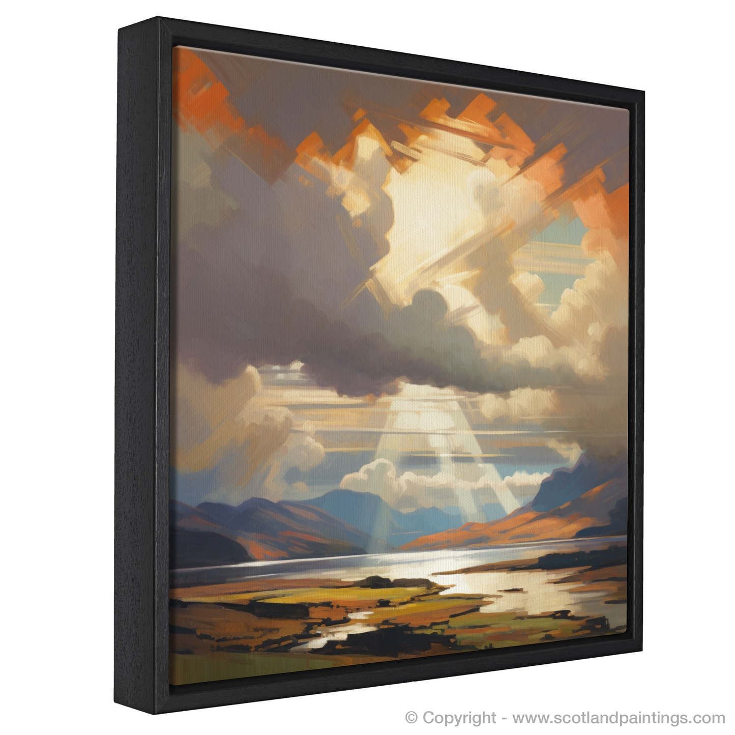 Painting and Art Print of Sun rays through clouds above Loch Lomond entitled "Sun Rays and Brooding Clouds: A Loch Lomond Spectacle".