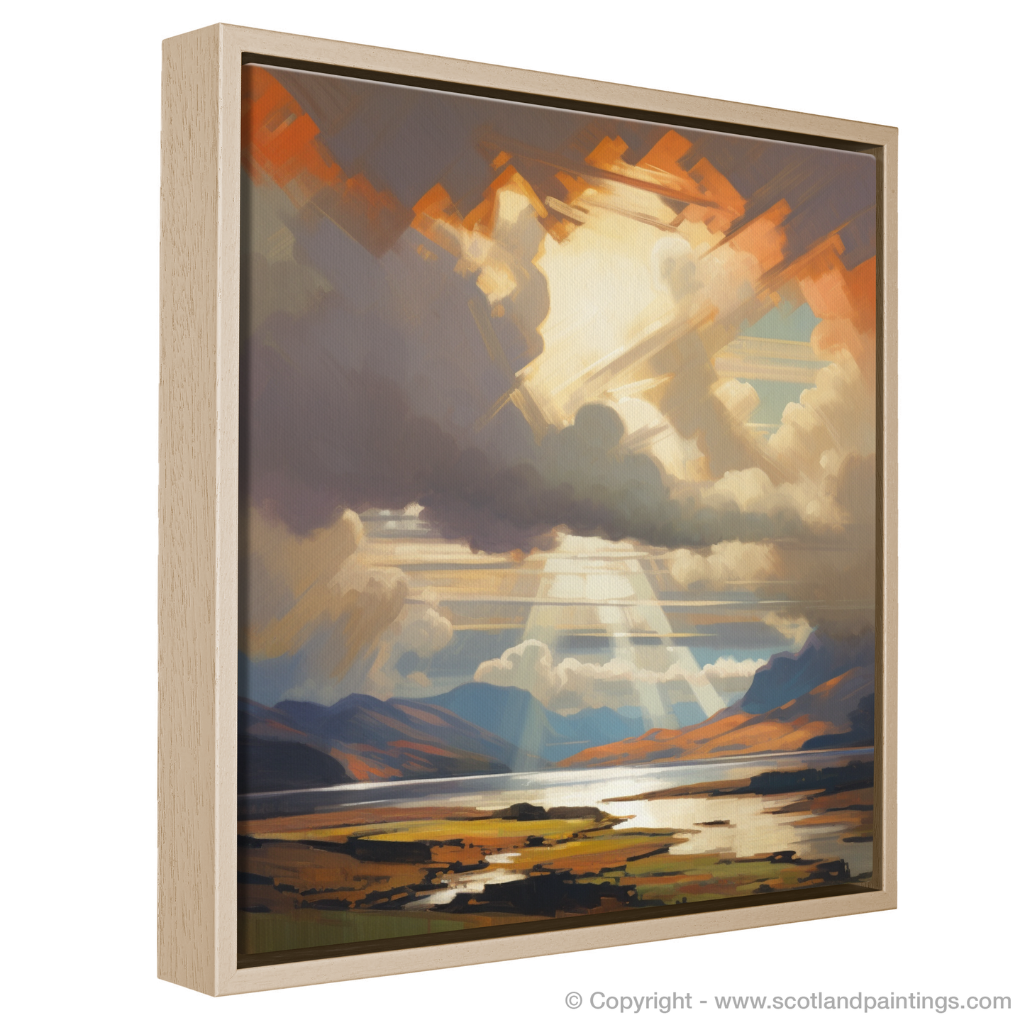 Painting and Art Print of Sun rays through clouds above Loch Lomond entitled "Sun Rays and Brooding Clouds: A Loch Lomond Spectacle".