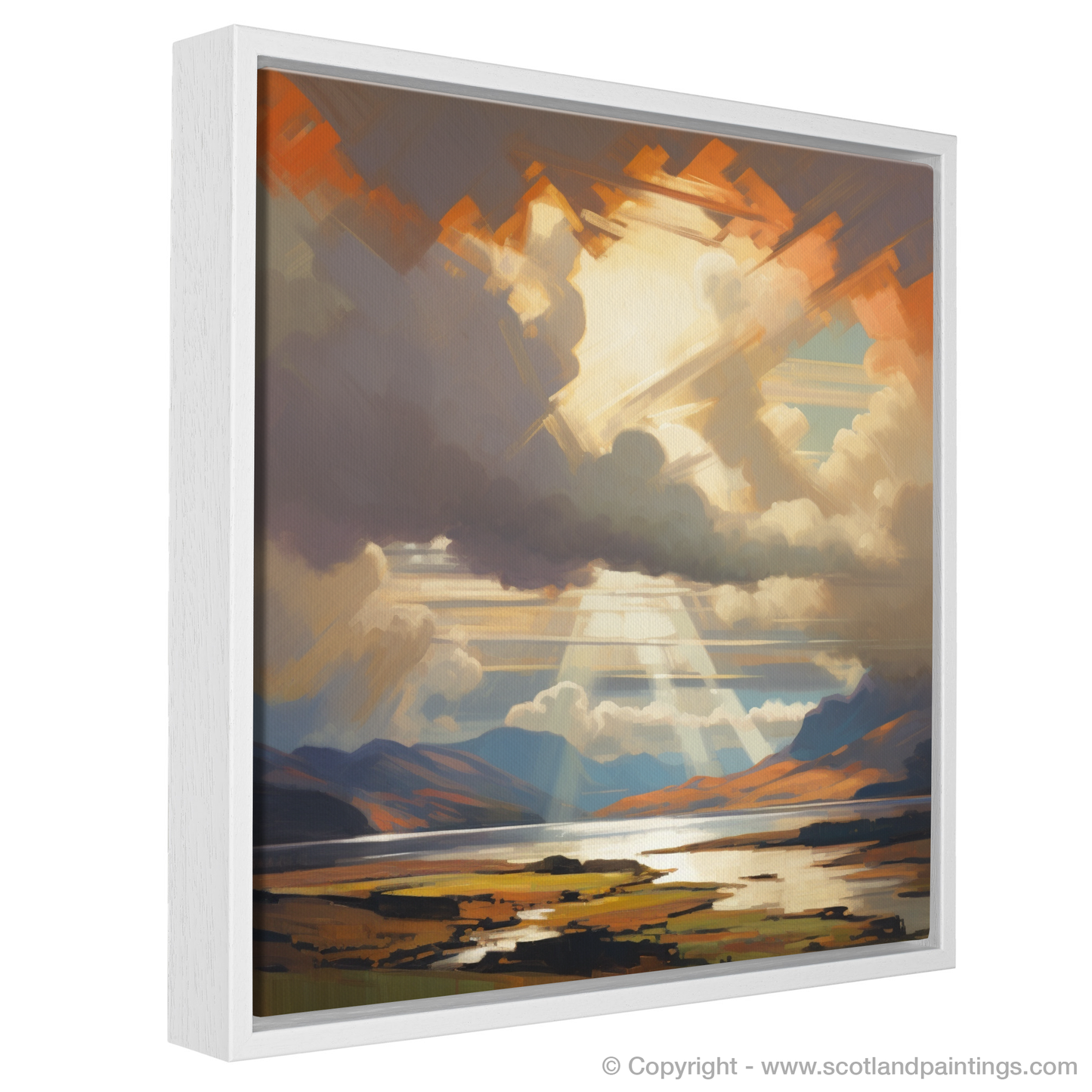 Painting and Art Print of Sun rays through clouds above Loch Lomond entitled "Sun Rays and Brooding Clouds: A Loch Lomond Spectacle".