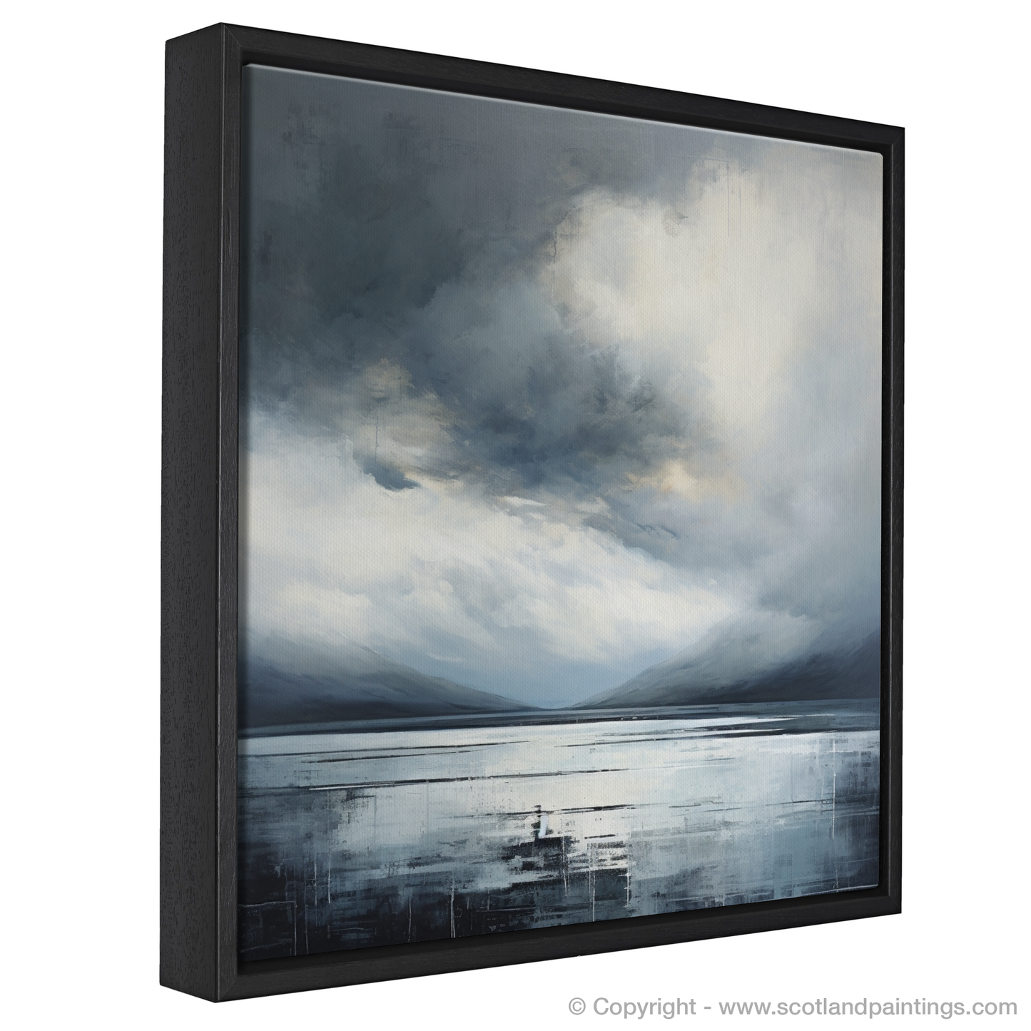 Painting and Art Print of Storm clouds above Loch Lomond entitled "Stormswept Serenity: Loch Lomond in Minimalism".