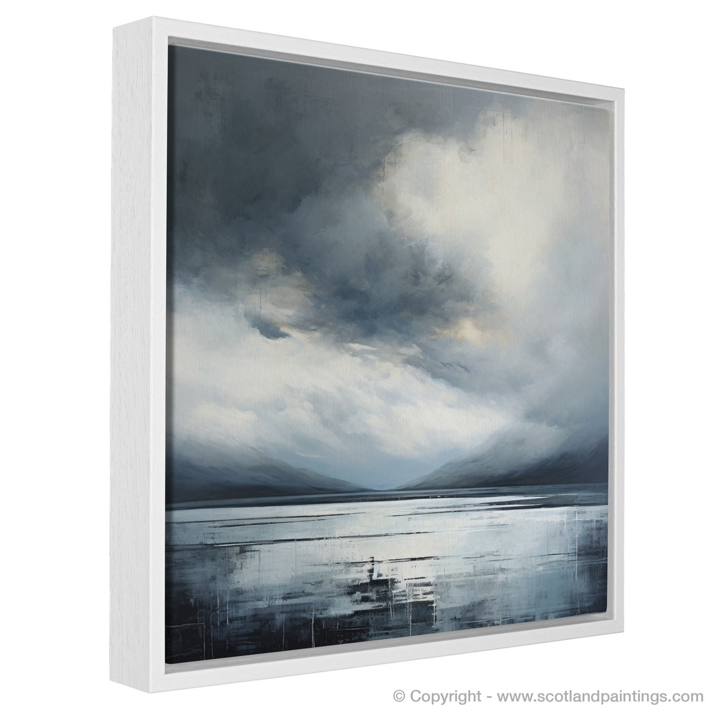 Painting and Art Print of Storm clouds above Loch Lomond entitled "Stormswept Serenity: Loch Lomond in Minimalism".