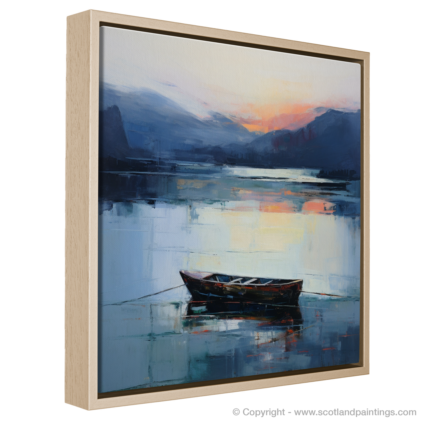 Painting and Art Print of Lone rowboat on Loch Lomond at dusk entitled "Dusk Serenade at Loch Lomond".