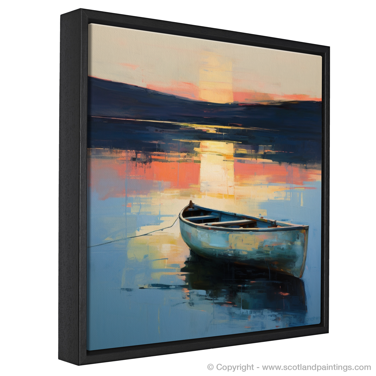 Painting and Art Print of Lone rowboat on Loch Lomond at dusk entitled "Dusk Serenade on Loch Lomond".