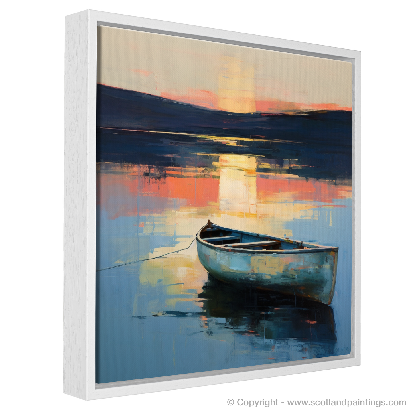 Painting and Art Print of Lone rowboat on Loch Lomond at dusk entitled "Dusk Serenade on Loch Lomond".