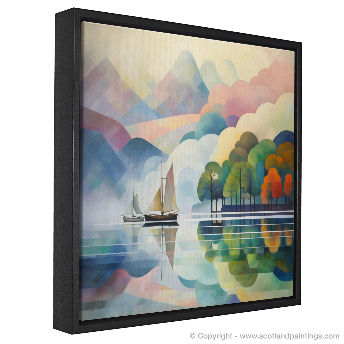 Painting and Art Print of Misty morning on Loch Lomond entitled "Misty Serenity on Loch Lomond - An abstract Awakening".