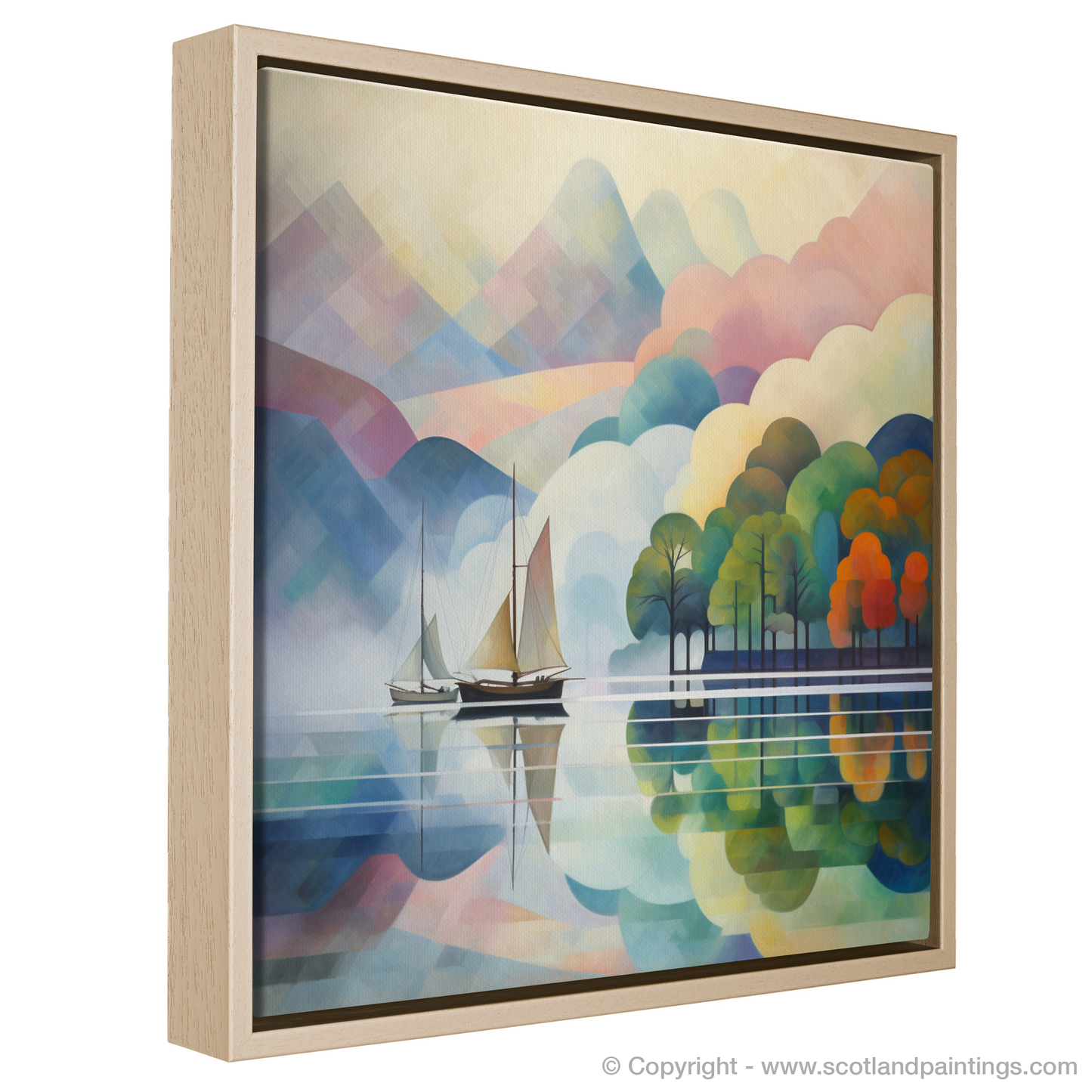 Painting and Art Print of Misty morning on Loch Lomond entitled "Misty Serenity on Loch Lomond - An abstract Awakening".