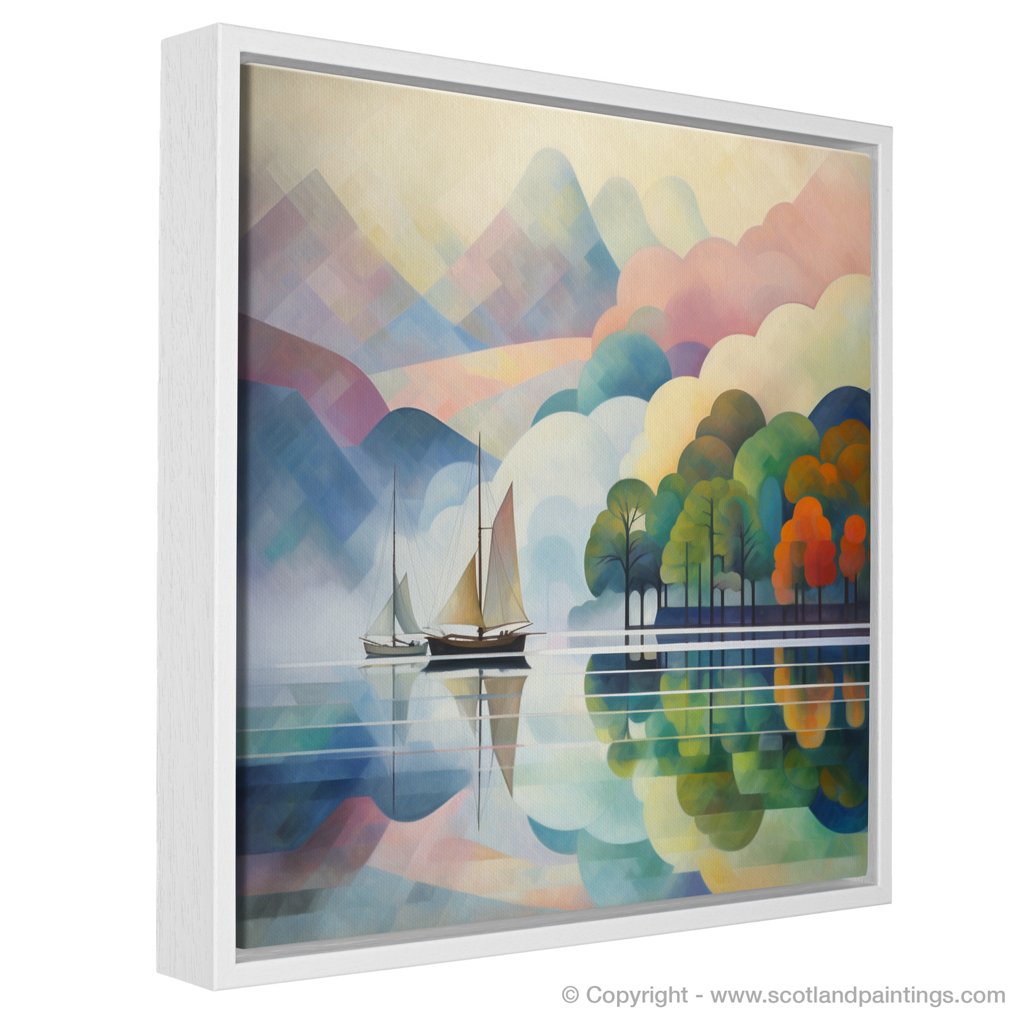 Painting and Art Print of Misty morning on Loch Lomond entitled "Misty Serenity on Loch Lomond - An abstract Awakening".