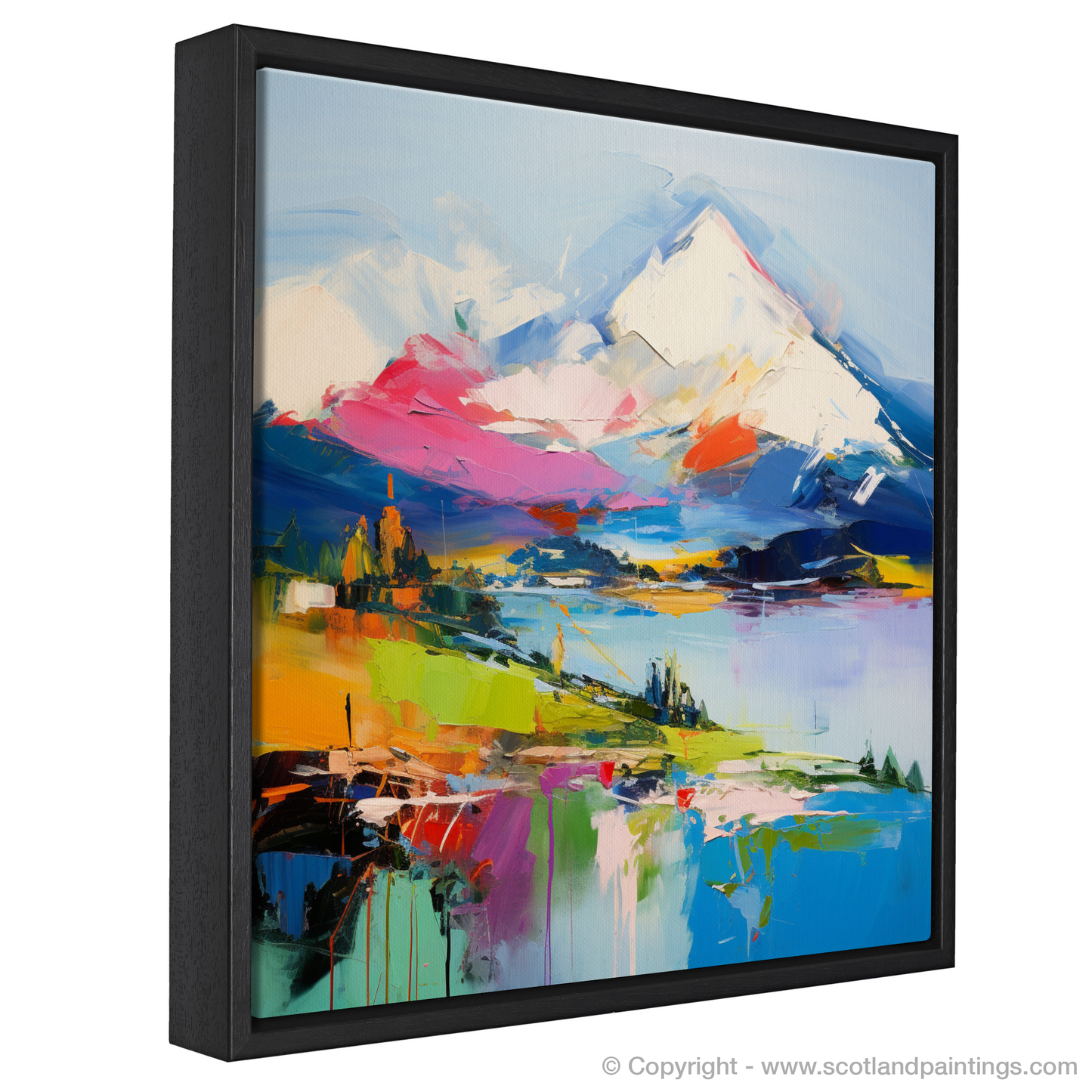 Painting and Art Print of Snow-capped peaks overlooking Loch Lomond entitled "Snow-Capped Majesty: An Abstract Impression of Loch Lomond".