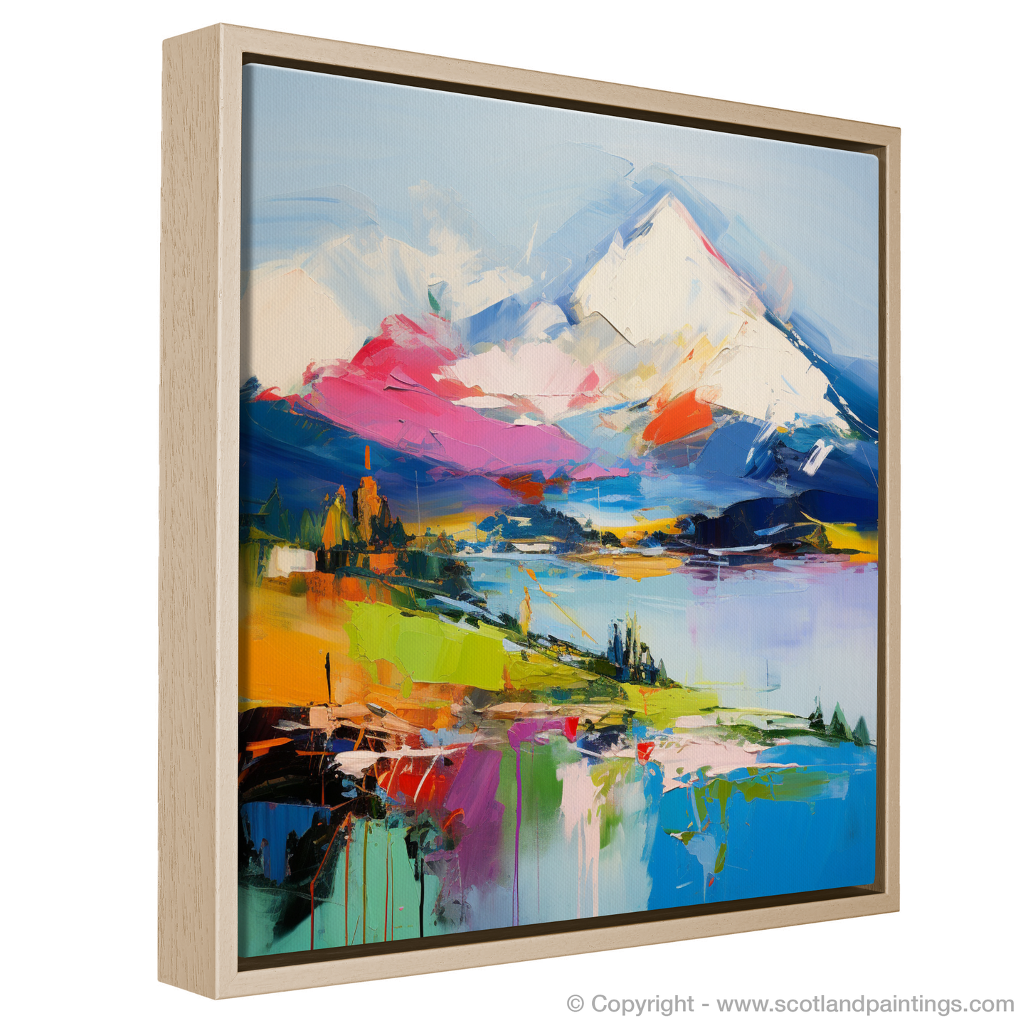 Painting and Art Print of Snow-capped peaks overlooking Loch Lomond entitled "Snow-Capped Majesty: An Abstract Impression of Loch Lomond".