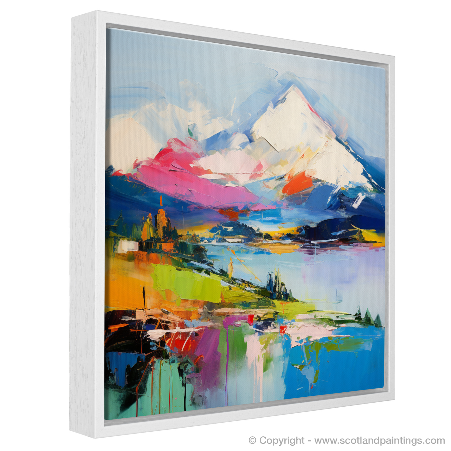 Painting and Art Print of Snow-capped peaks overlooking Loch Lomond entitled "Snow-Capped Majesty: An Abstract Impression of Loch Lomond".