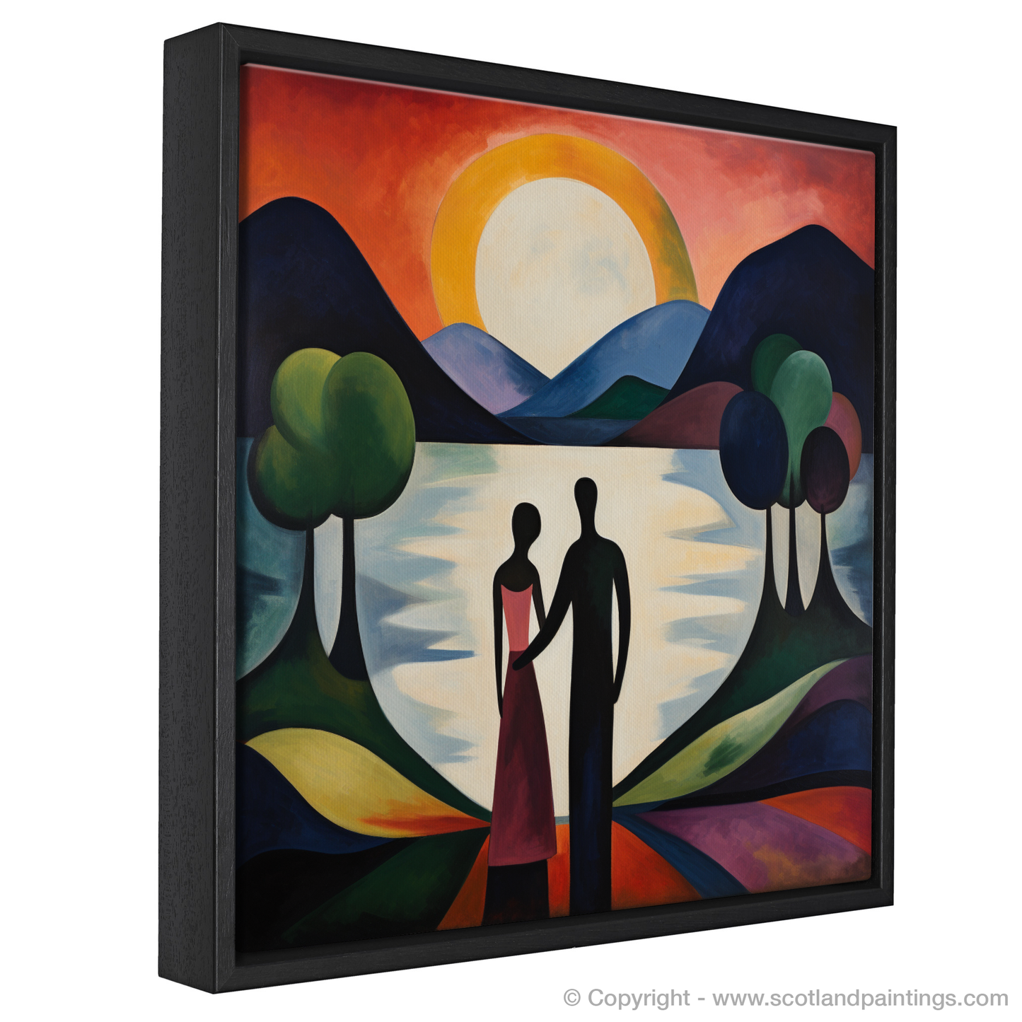 Painting and Art Print of A couple holding hands looking out on Loch Lomond entitled "Embrace at Dusk: A Loch Lomond Reverie".