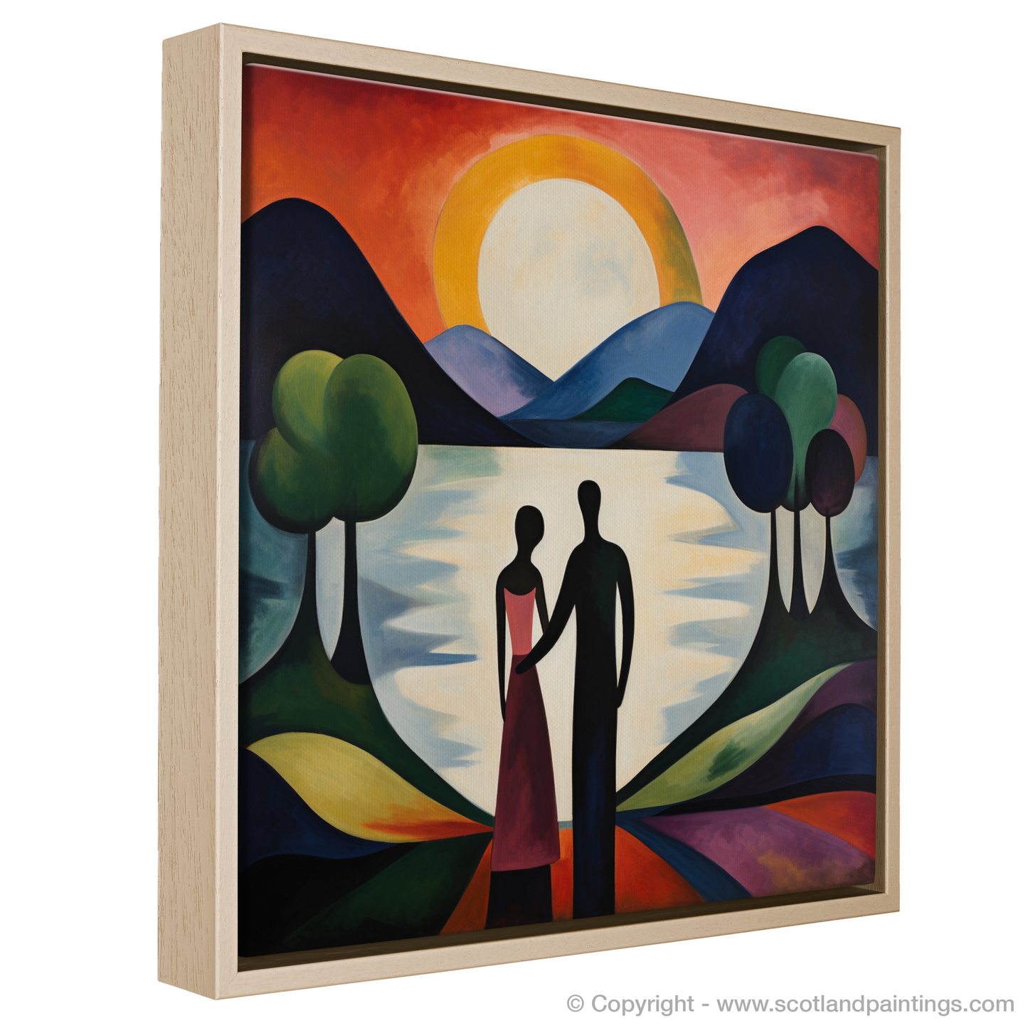 Painting and Art Print of A couple holding hands looking out on Loch Lomond entitled "Embrace at Dusk: A Loch Lomond Reverie".