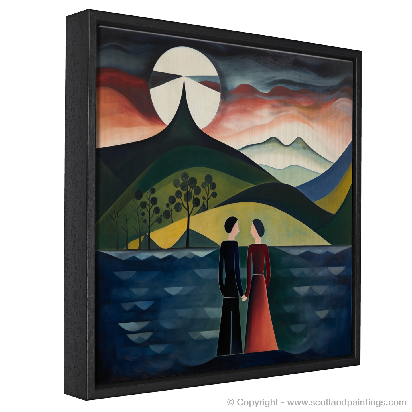 Painting and Art Print of A couple holding hands looking out on Loch Lomond entitled "Embracing Tranquility at Loch Lomond".