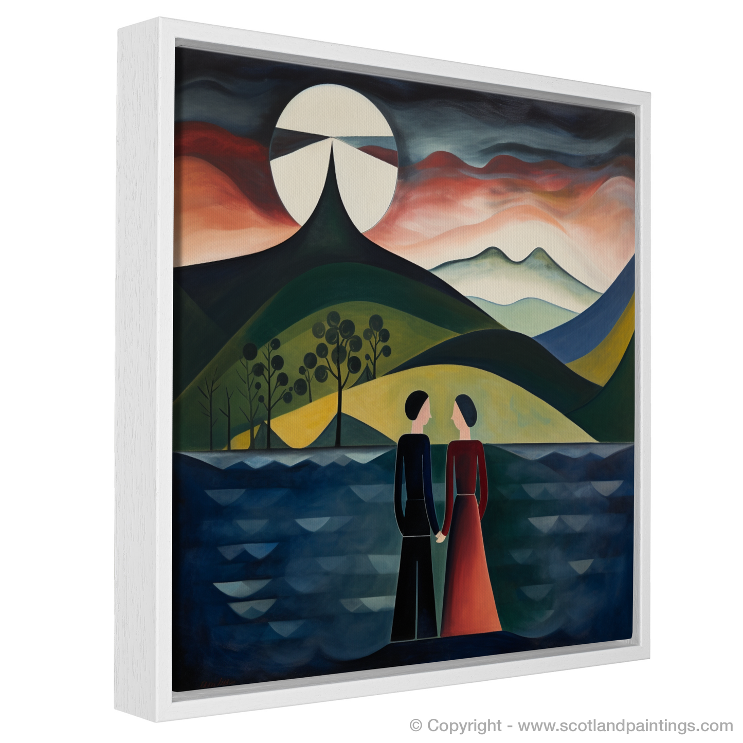 Painting and Art Print of A couple holding hands looking out on Loch Lomond entitled "Embracing Tranquility at Loch Lomond".