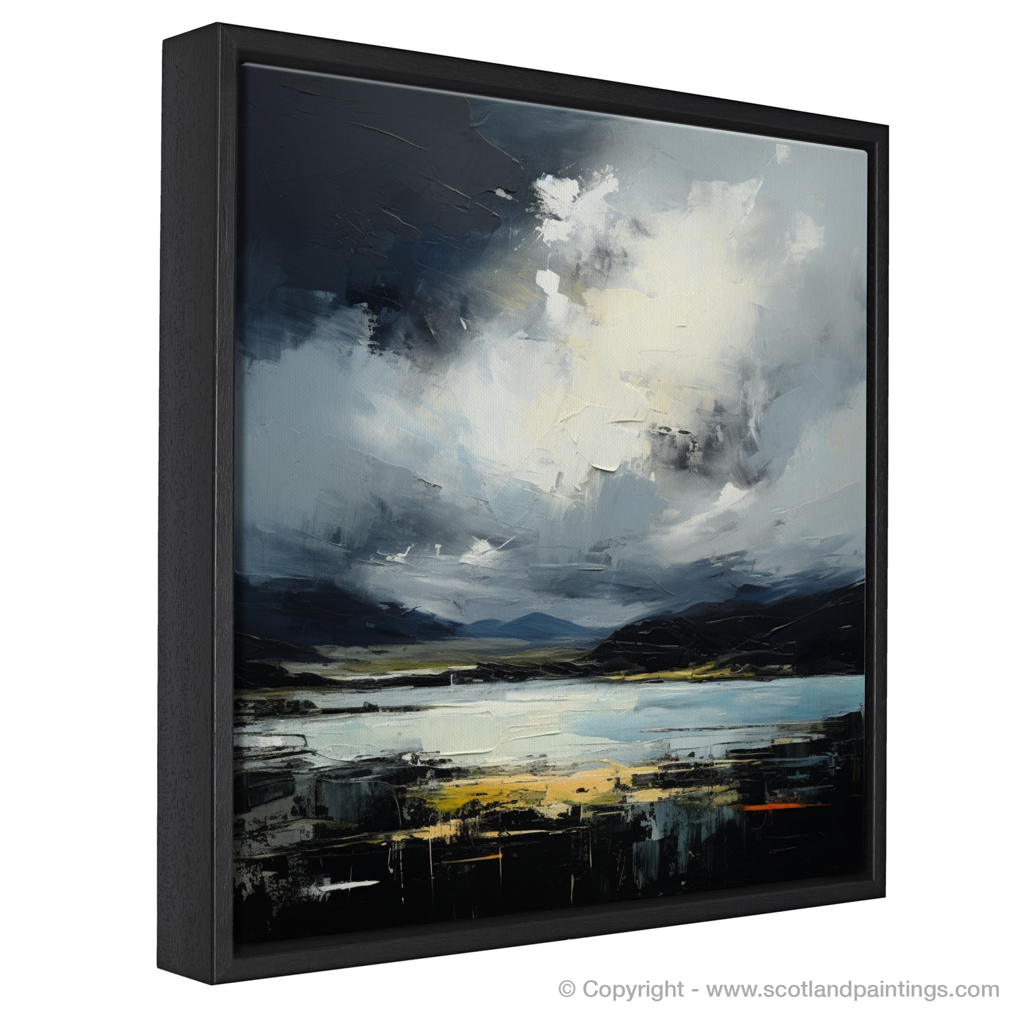 Painting and Art Print of Storm clouds above Loch Lomond entitled "Storm over Serene Loch Lomond: An Abstract Dance of Skies and Waters".