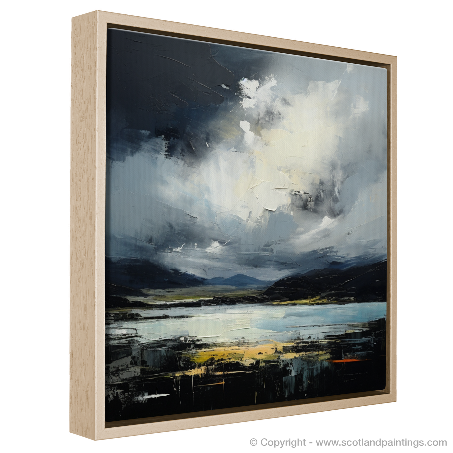 Painting and Art Print of Storm clouds above Loch Lomond entitled "Storm over Serene Loch Lomond: An Abstract Dance of Skies and Waters".