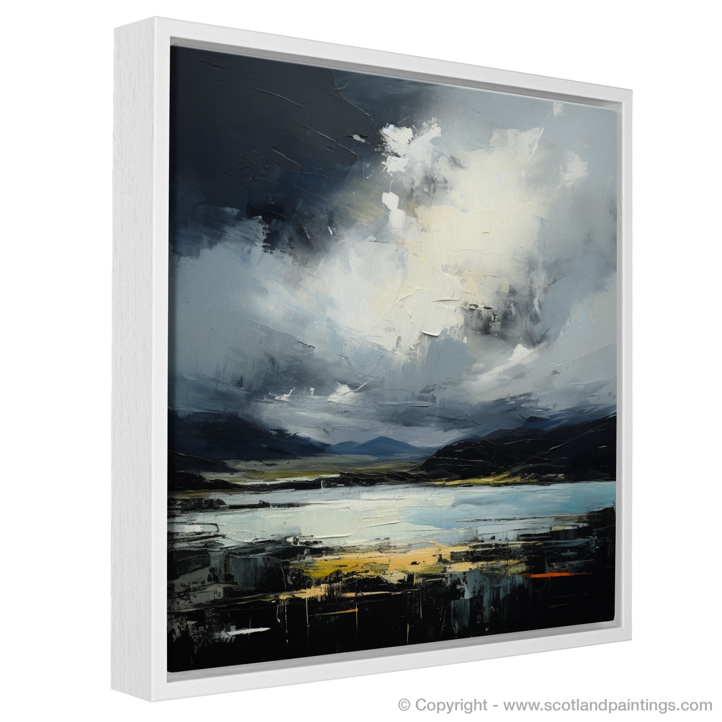 Painting and Art Print of Storm clouds above Loch Lomond entitled "Storm over Serene Loch Lomond: An Abstract Dance of Skies and Waters".