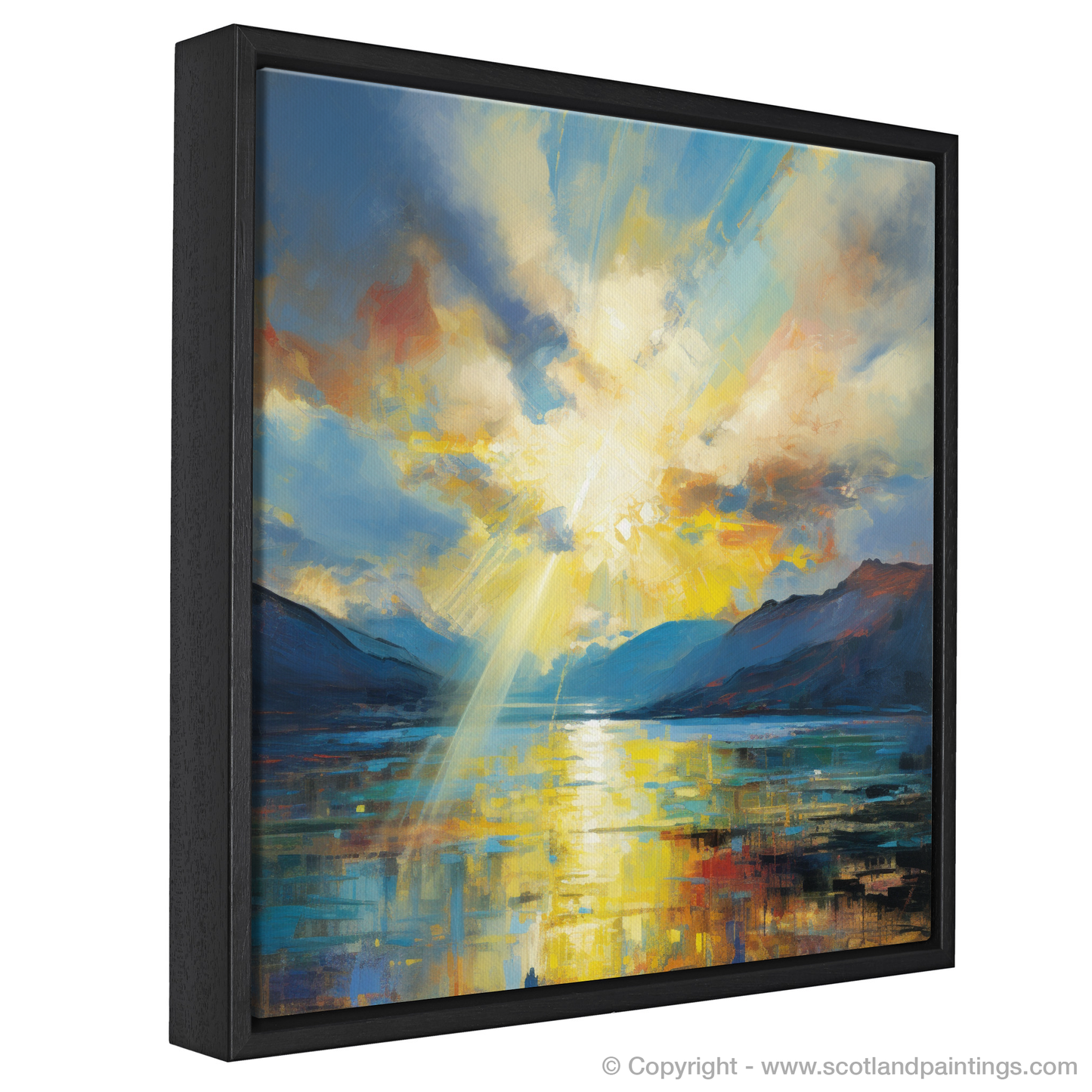 Painting and Art Print of Sun rays through clouds above Loch Lomond entitled "Radiance over Loch Lomond: An Abstract Expressionist Ode to Nature's Beauty".