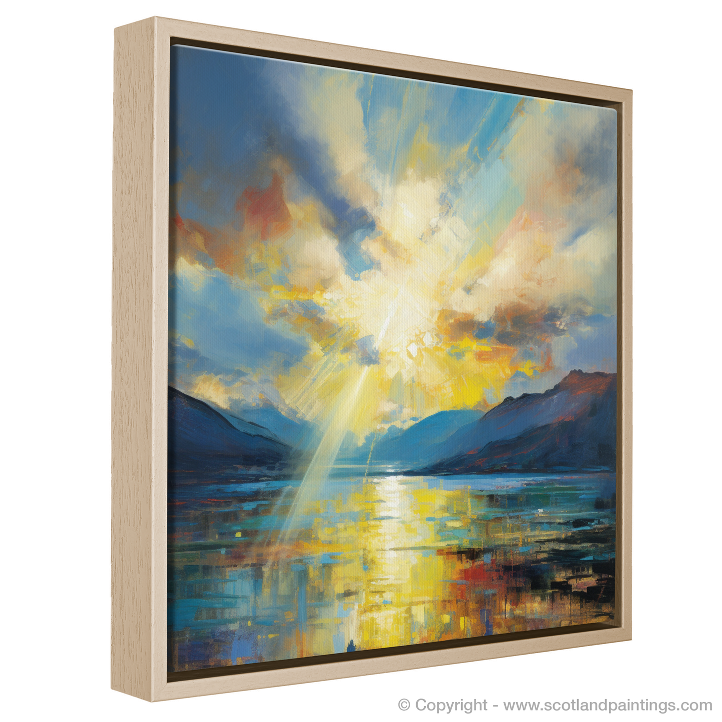 Painting and Art Print of Sun rays through clouds above Loch Lomond entitled "Radiance over Loch Lomond: An Abstract Expressionist Ode to Nature's Beauty".