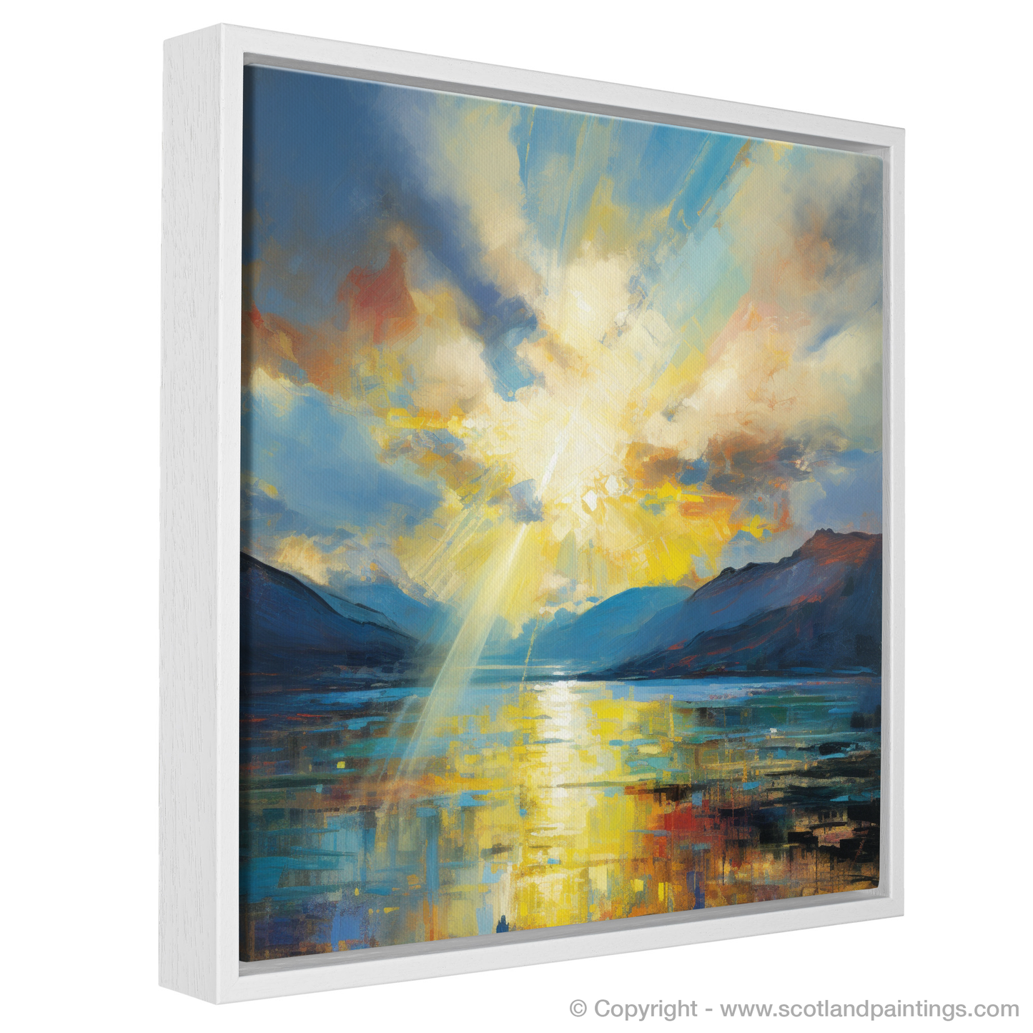 Painting and Art Print of Sun rays through clouds above Loch Lomond entitled "Radiance over Loch Lomond: An Abstract Expressionist Ode to Nature's Beauty".