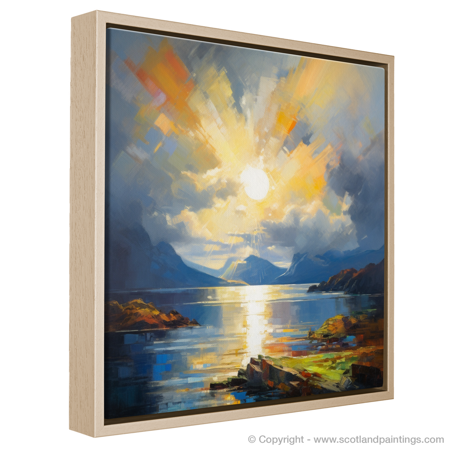 Painting and Art Print of Sun rays through clouds above Loch Lomond entitled "Sunlight Serenade over Loch Lomond".