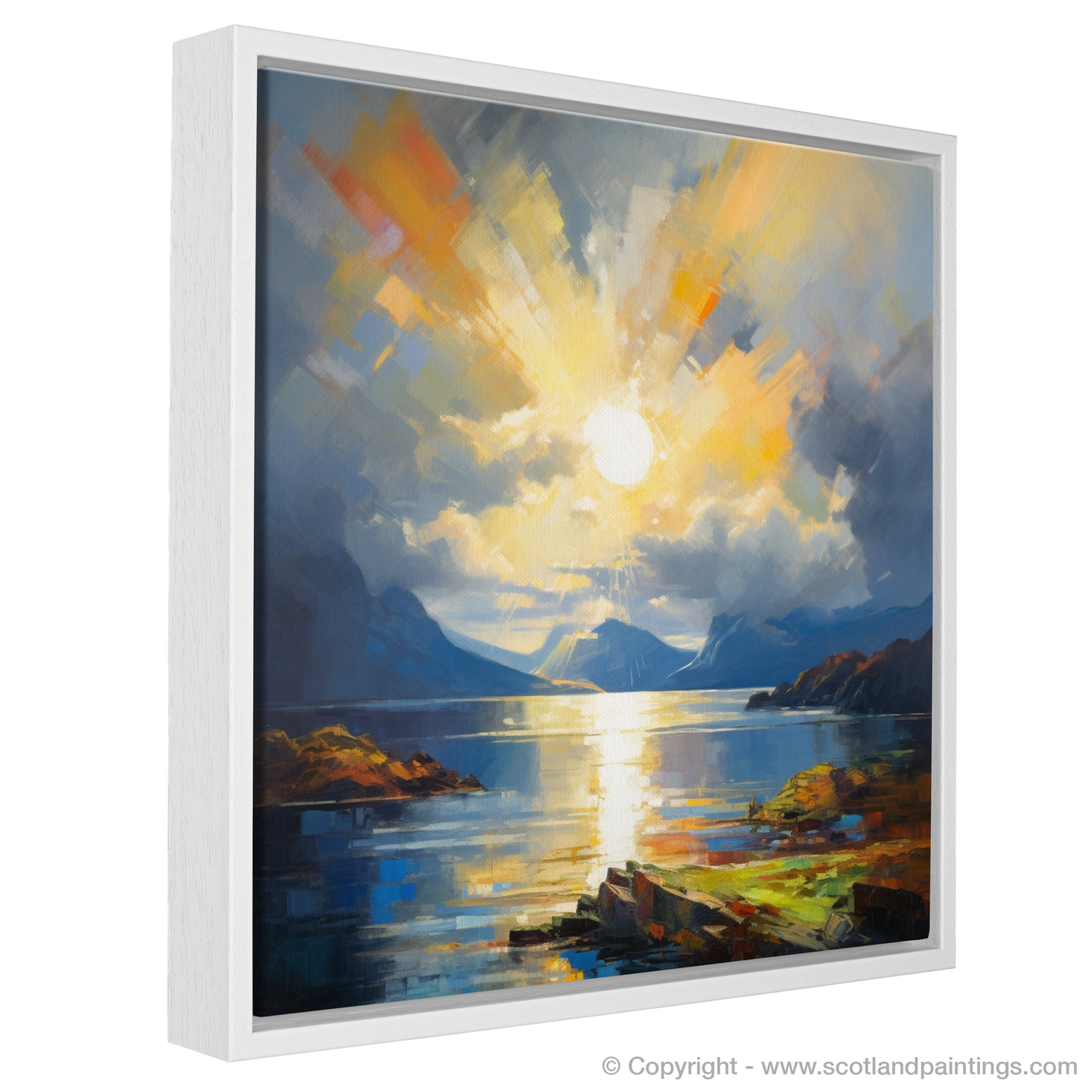 Painting and Art Print of Sun rays through clouds above Loch Lomond entitled "Sunlight Serenade over Loch Lomond".