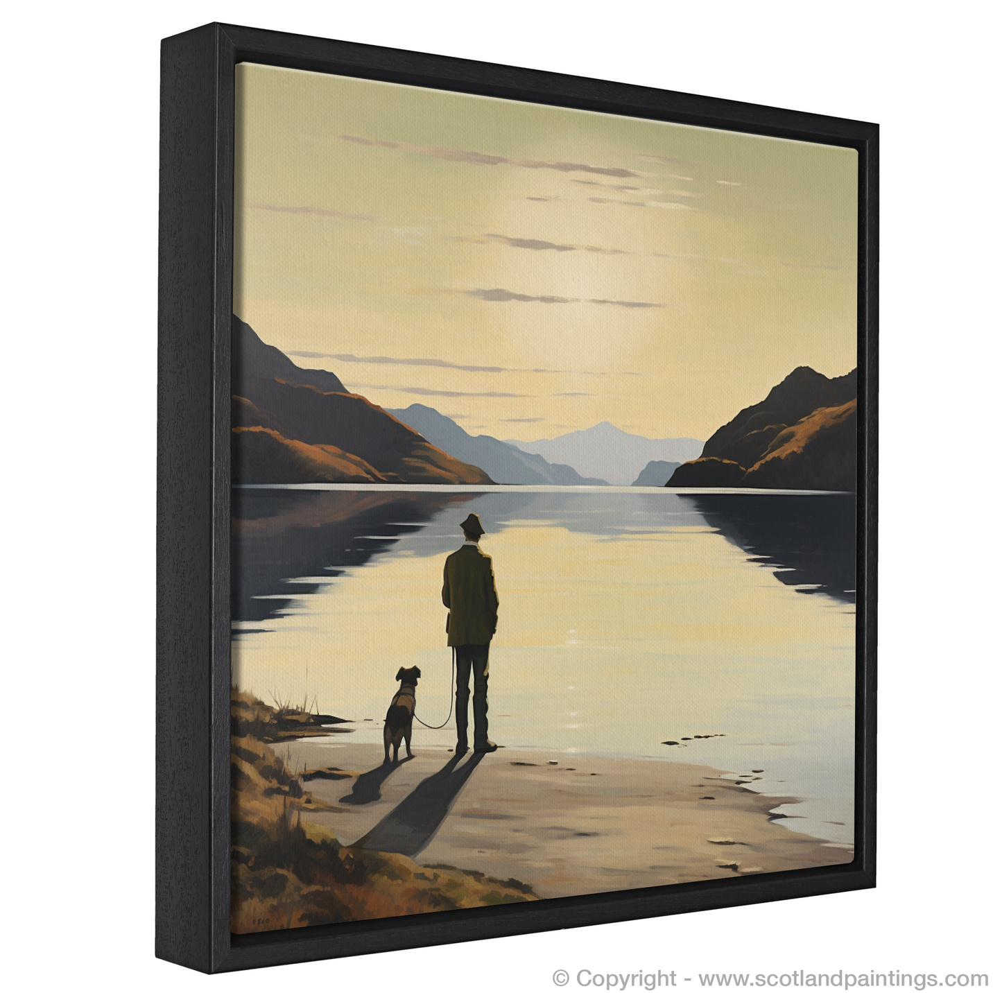 Painting and Art Print of A man walking dog at the side of Loch Lomond entitled "Evening Stroll by Loch Lomond".