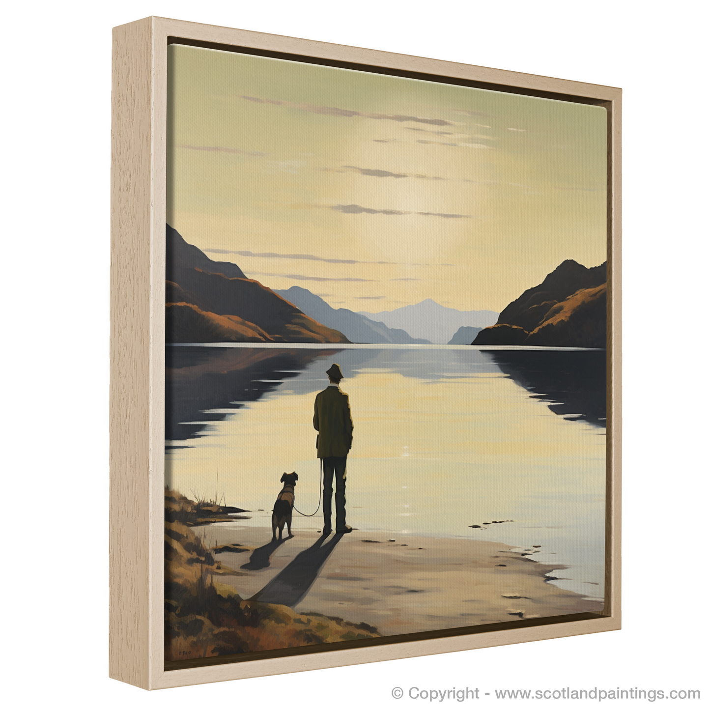 Painting and Art Print of A man walking dog at the side of Loch Lomond entitled "Evening Stroll by Loch Lomond".