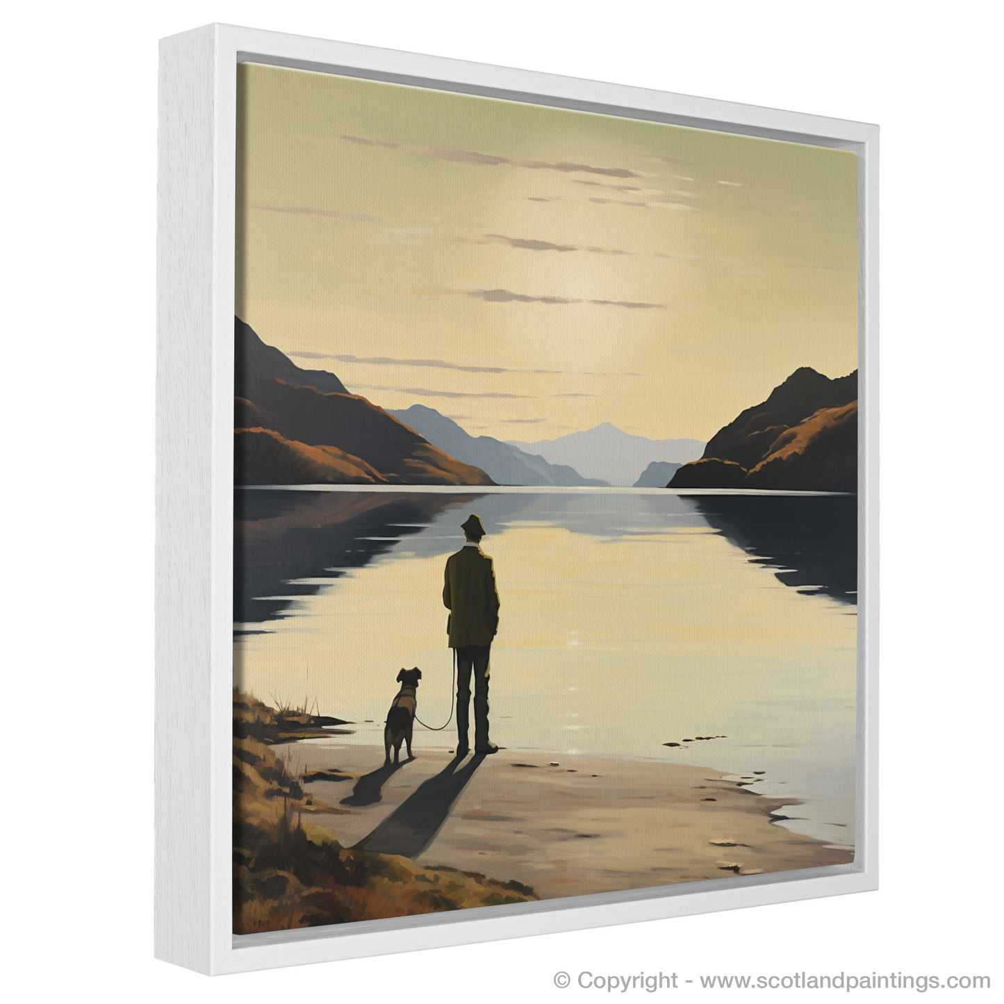 Painting and Art Print of A man walking dog at the side of Loch Lomond entitled "Evening Stroll by Loch Lomond".