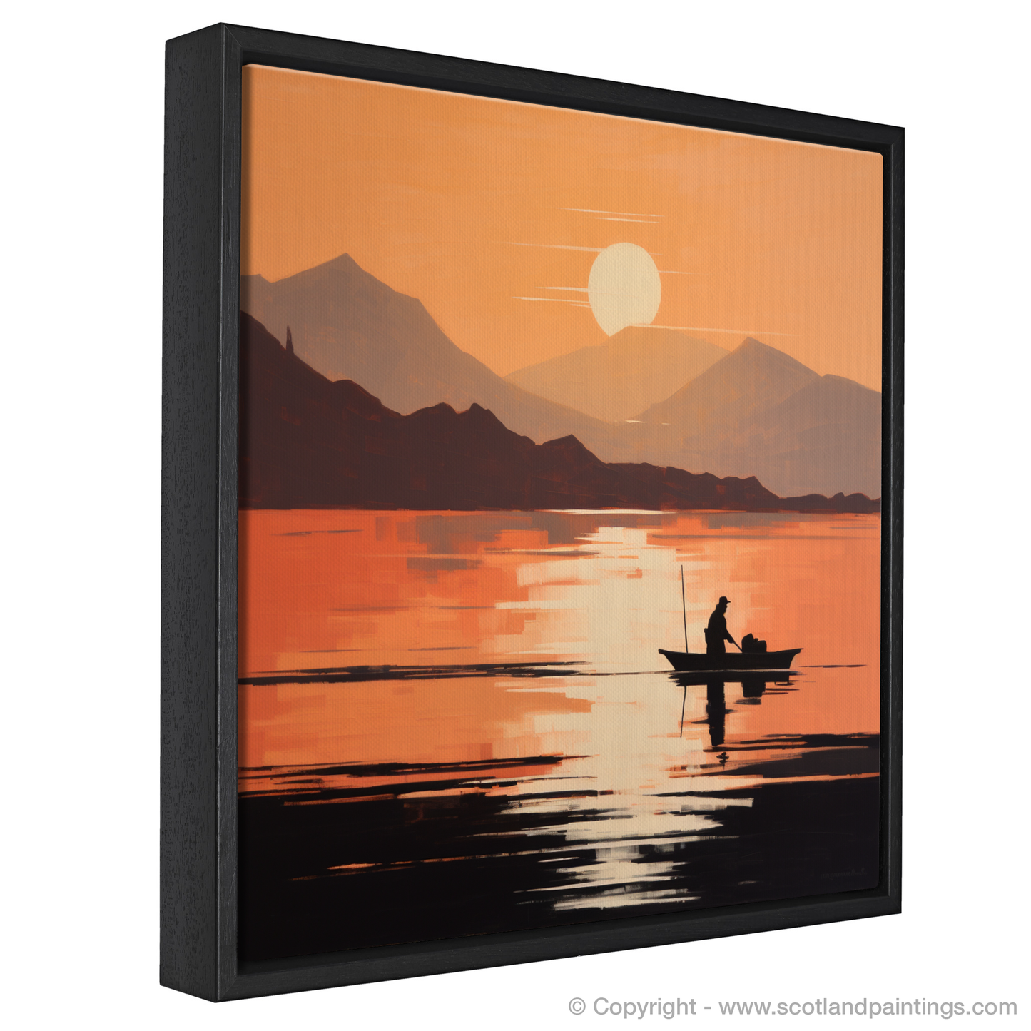 Painting and Art Print of Silhouetted fisherman on Loch Lomond. Silhouetted Serenity on Loch Lomond.