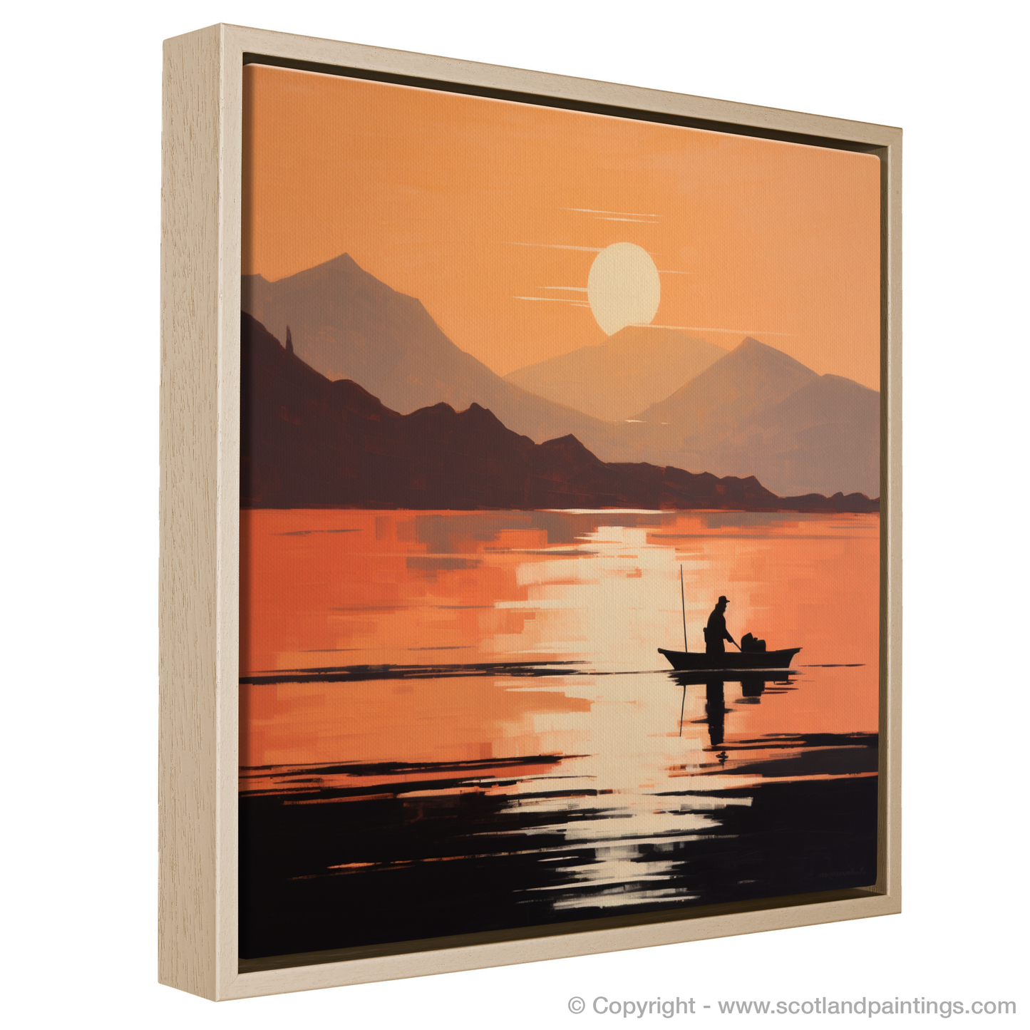 Painting and Art Print of Silhouetted fisherman on Loch Lomond. Silhouetted Serenity on Loch Lomond.