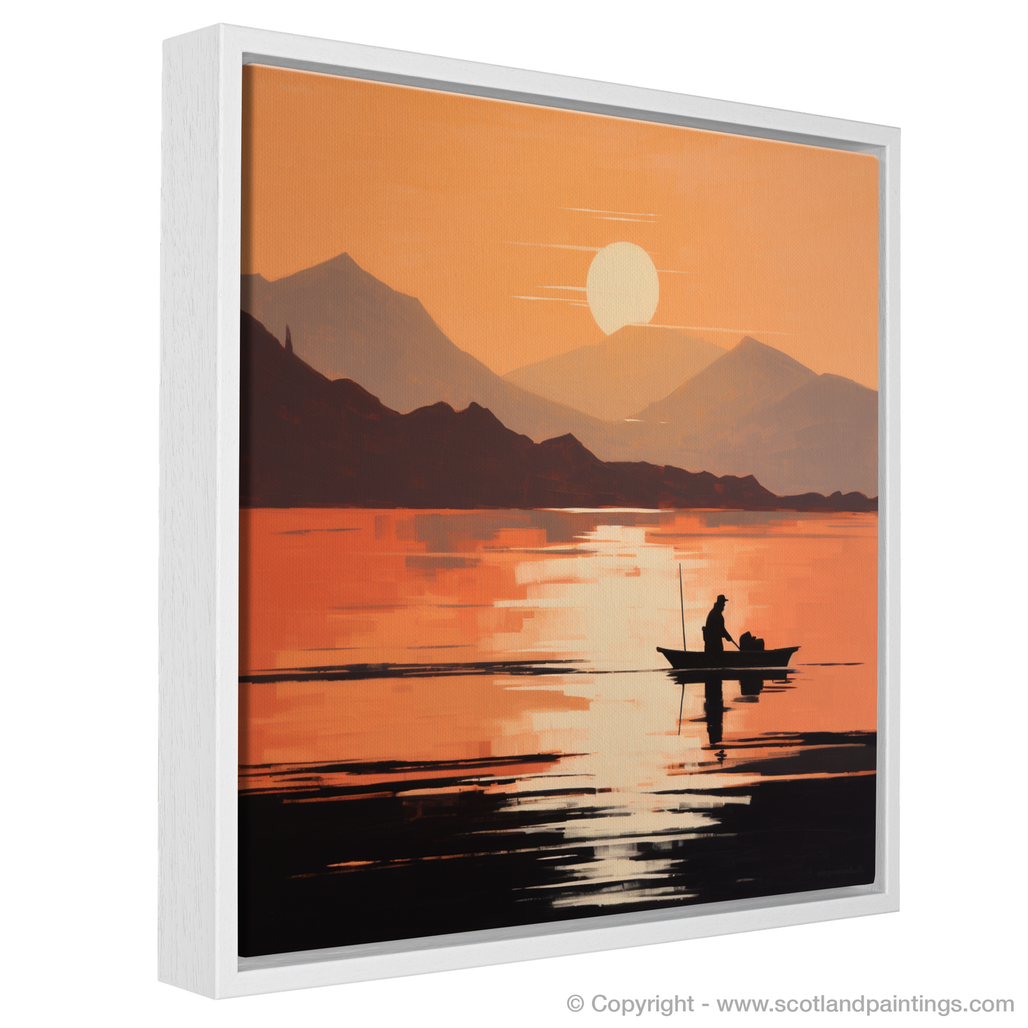 Painting and Art Print of Silhouetted fisherman on Loch Lomond. Silhouetted Serenity on Loch Lomond.