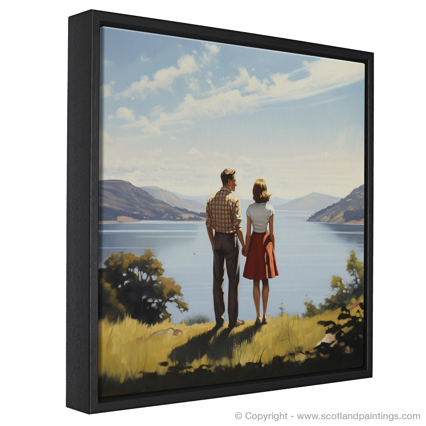 Painting and Art Print of A couple holding hands looking out on Loch Lomond entitled "Hand in Hand by Loch Lomond".