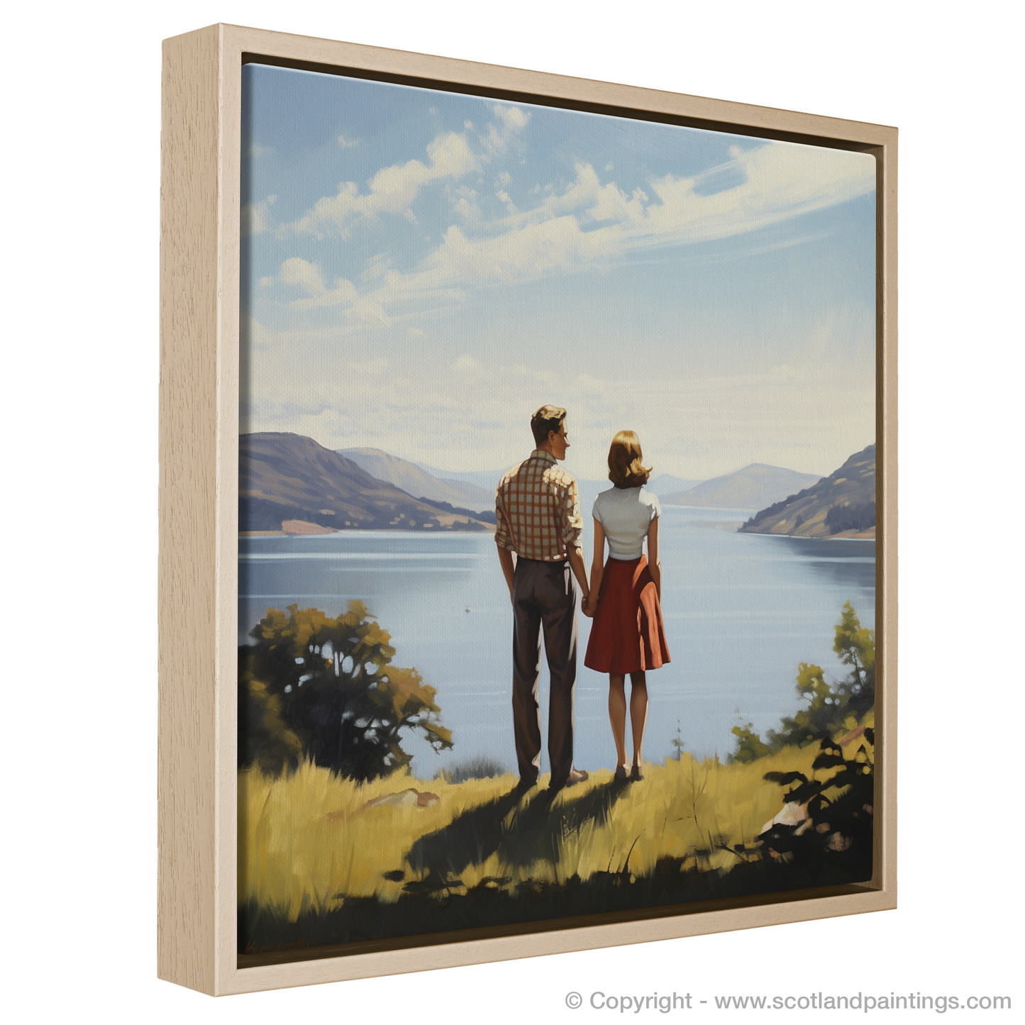 Painting and Art Print of A couple holding hands looking out on Loch Lomond entitled "Hand in Hand by Loch Lomond".