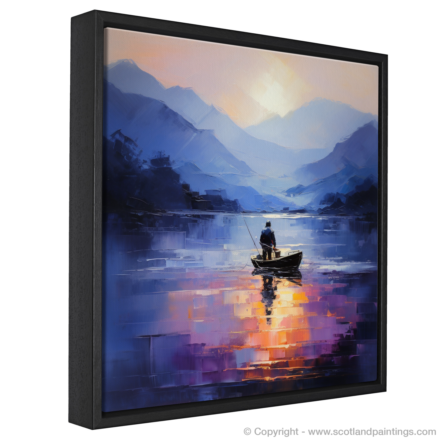 Painting and Art Print of Silhouetted fisherman on Loch Lomond entitled "Silhouetted Fisherman at Dusk on Loch Lomond".